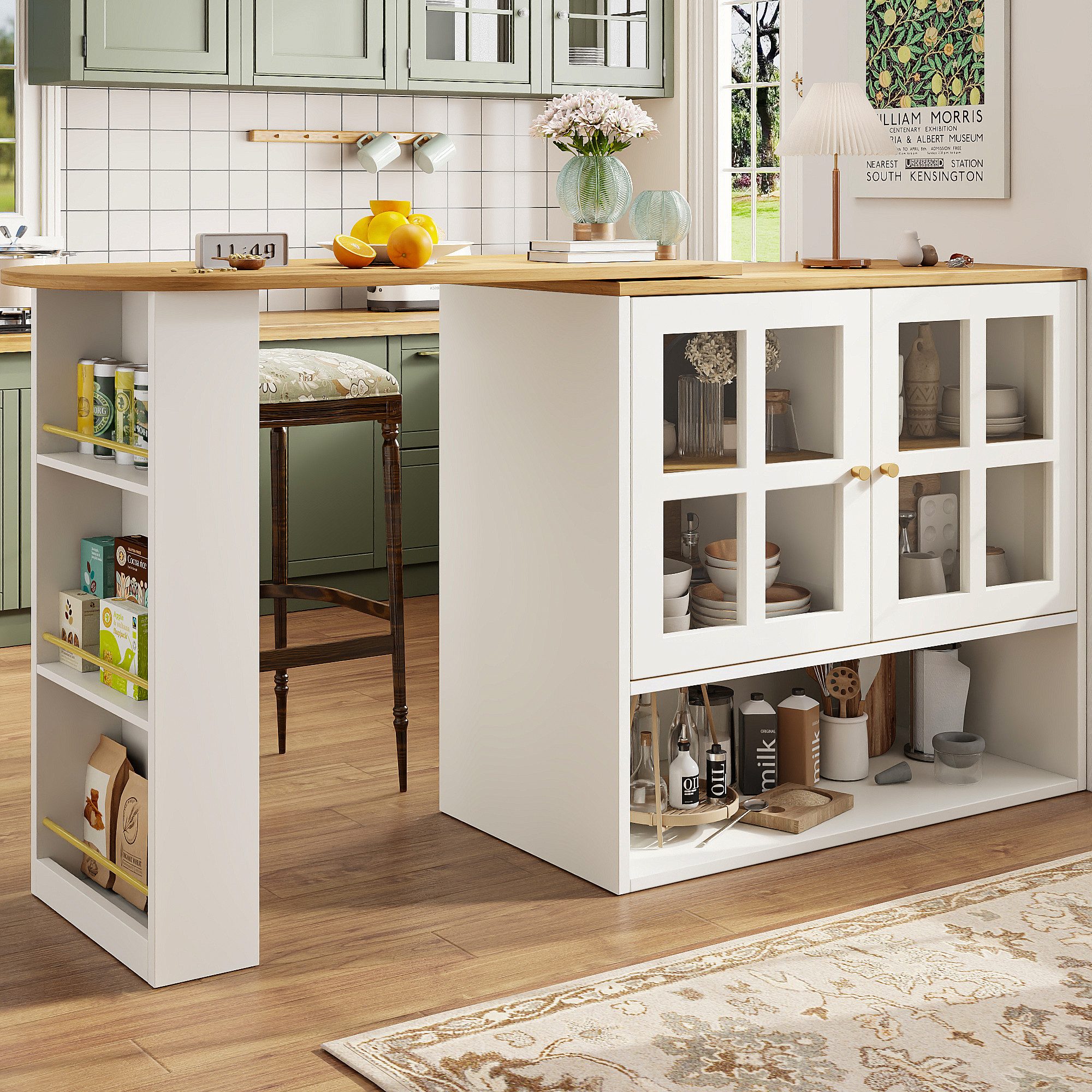 Flieks Bartisch 360° drehbar Stehtisch mit Sideboard (Länge 138-204 cm, 1-St., mit Regalen und verstellbare Einlegeböden), ausziehbar Esstisch mit 4 Türen Kommode Bistrotisch Mehrzweckschrank