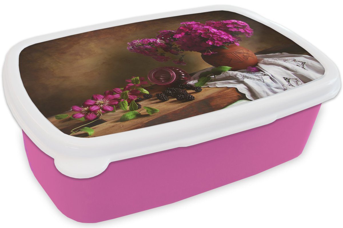MuchoWow Lunchbox Rustikal Snackbox, Brotdose - Kinder, Mädchen, Kunststoff Blumen Rosa Stilleben, Erwachsene, - Brotbox Kunststoff, Vase (2-tlg), für - 
