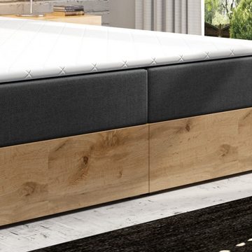 Möbel Punkt Boxspringbett Lissabon Grau Schwarz (180 x 200 cm, Eiche Nachbildung), Eiche Holz Nachbildung, inkl. Bettkasten, inkl. Topper