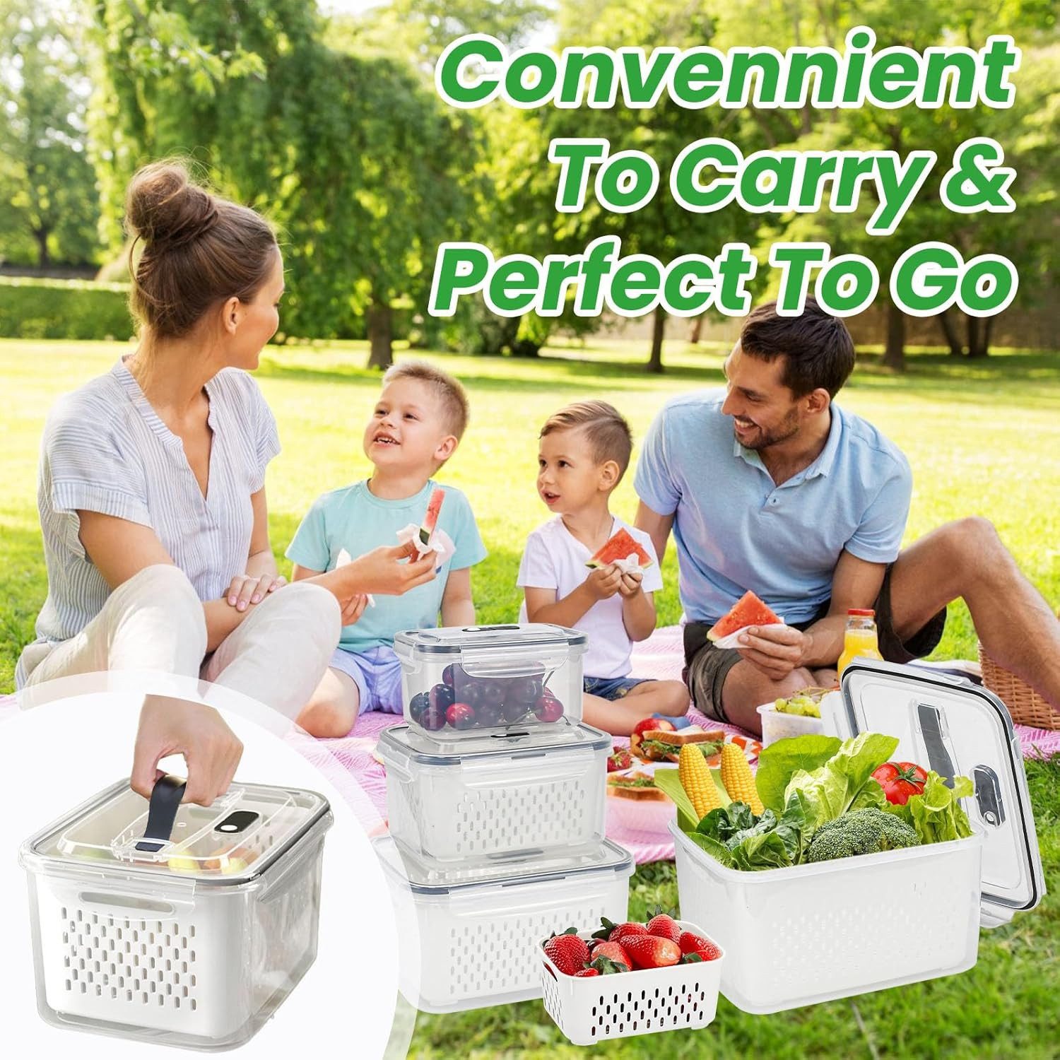 SURFOU Frischhaltedose Kühlschrank Organizer - 8-tlg. Frischhaltedosen Set mit Abtropfgitter, PP, (BPA-freie, Frischhaltedosen, Kartoffel Aufbewahrungsbox, Gemüsebox, Kühlschrank Boxen, Korbeinsatz, Vorratsdosen Set mit Abtropfgitter – abnehmbar & separat nutzbar, Deckel mit Luftablassventil & Griff, 4-tlg., Spülmaschinengeeignet, Kratzfeste Dicke PP-Material, BPA-Frei), (4,15L+3,15L+1,7L+0,8L) für Obst Gemüse Aufbewahrung und Reinigung