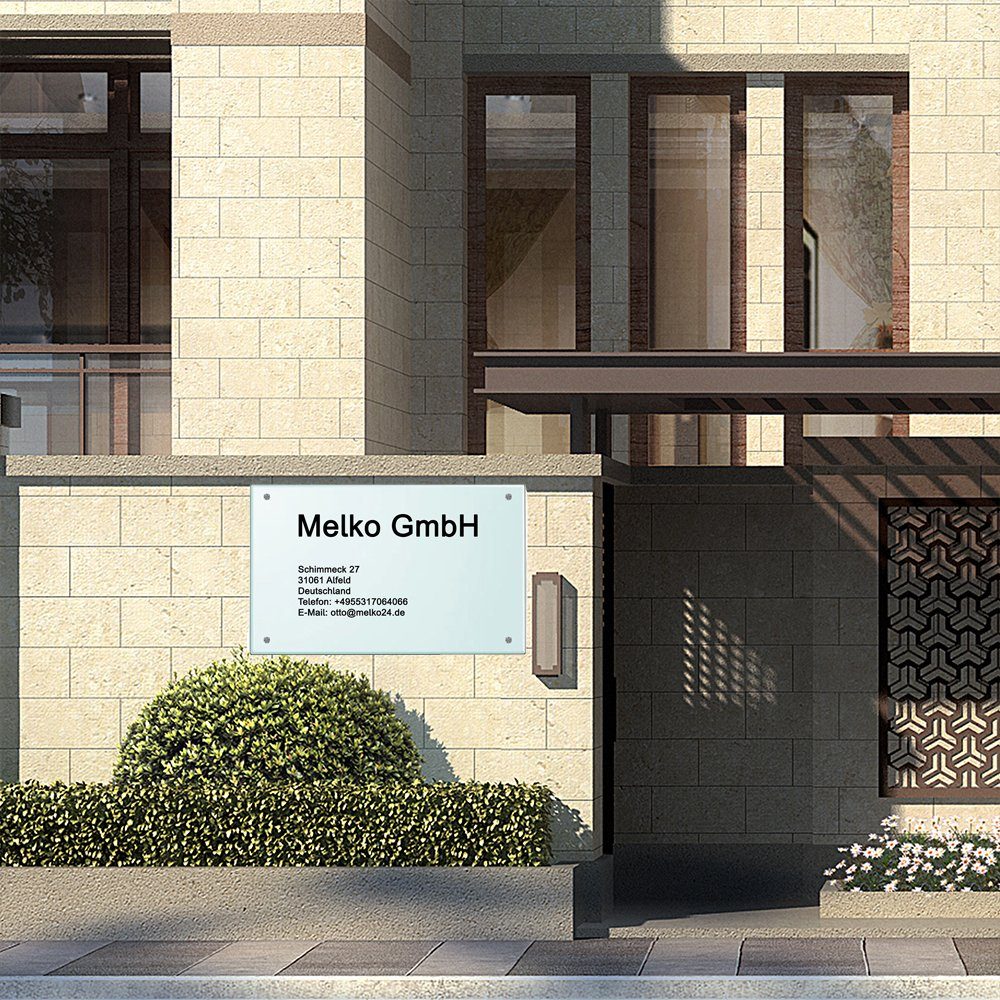 Melko Hinweisschild Praxisschild Firmenschild Werbeschild aus Sicherheitsglas Milchglas, (Stück, 1 St., Schild), Glaskanten umlaufend sauber poliert