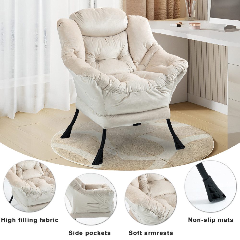 BBG Relaxsessel Lazy Chair Relaxsessel mit Metallgestell & Seitentasche, Bequemer Polstersessel mit Samtbezug, Loungesessel
