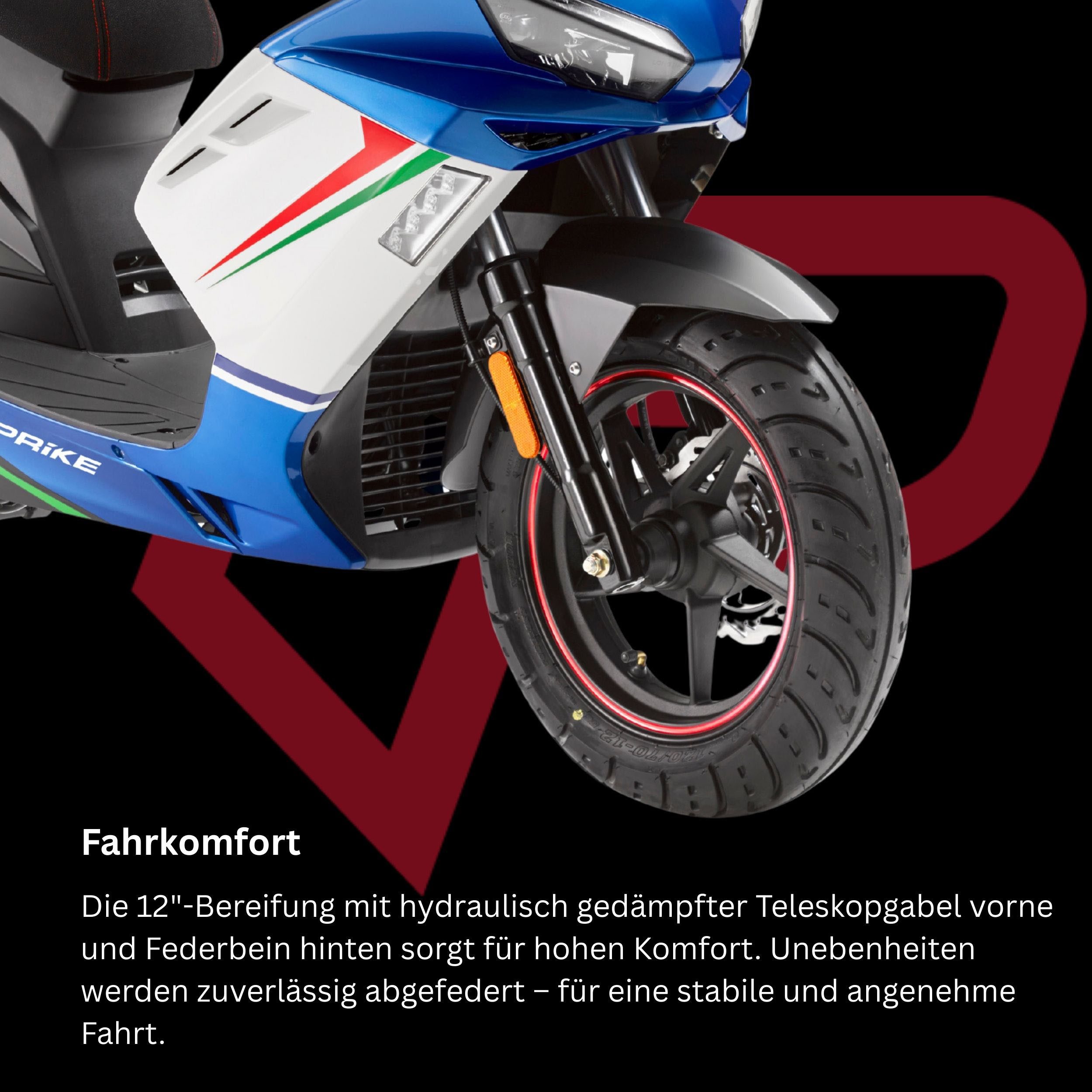 PRIKE Motorroller PRIKE P19 50 Sport, E5 (45km/h), 50 ccm, 45 km/h, Euro 5, Kraftstoffeinspritzung (EFI), 12" Bereifung, LED Beleuchtung, 3,1 PS