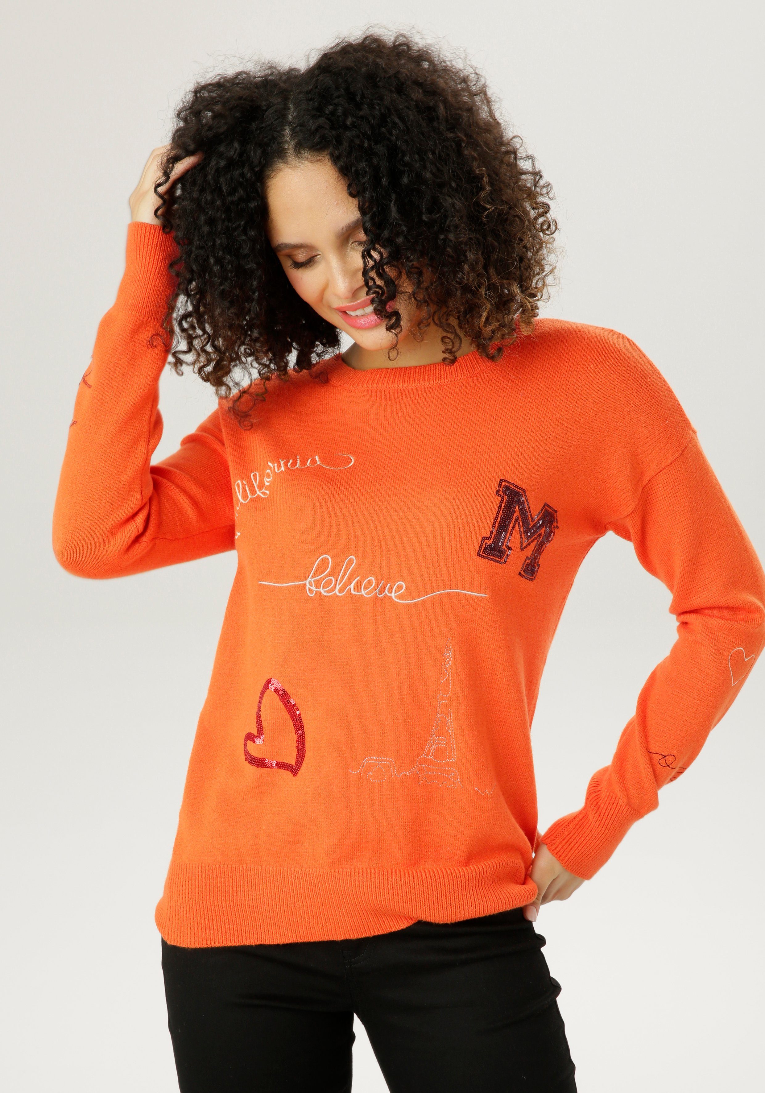 Aniston Pailletten Strickpullover orange SELECTED mit