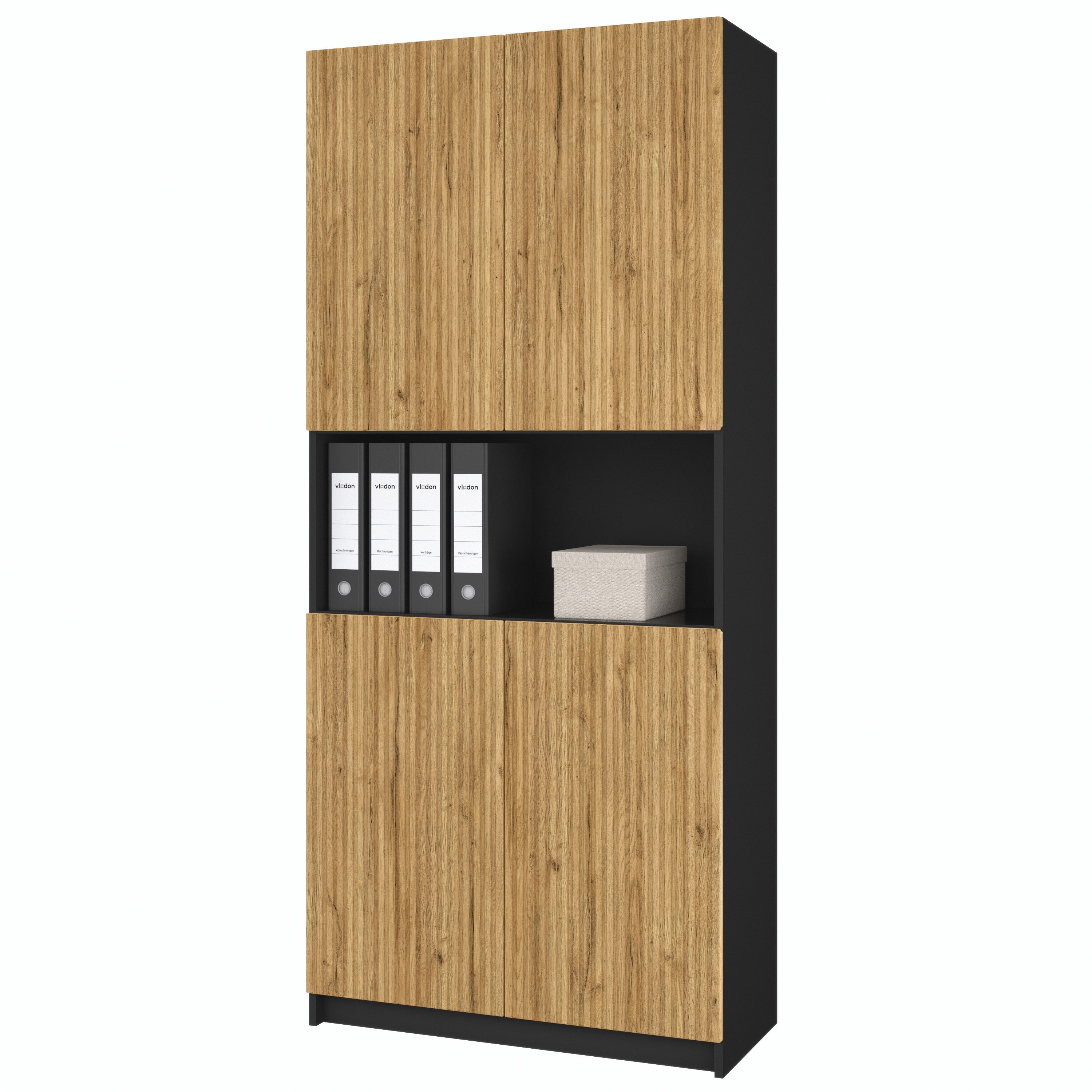 Vladon Aktenschrank Rivo (Büroschrank, mit Soft-Close Funktion) Schwarz matt/Eiche Natur (82 x 184 x 37 cm)