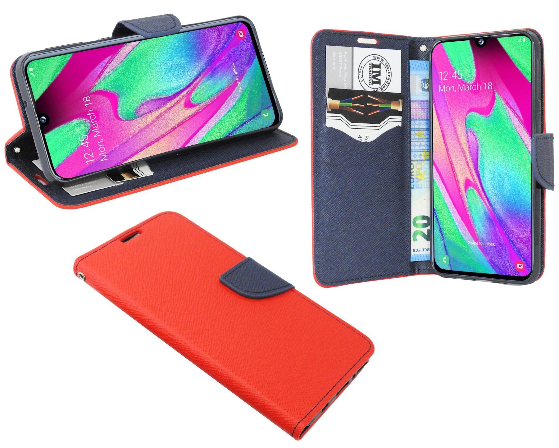 cofi1453 Handyhülle Hülle Tasche für Samsung Galaxy A40, Kunstleder Schutzhülle Handy Wallet Case Cover mit Kartenfächern, Standfunktion Schwarz