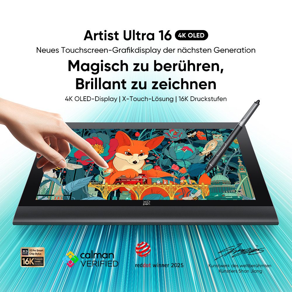 XP-PEN Artist Ultra 16 Grafiktablett (15.6", 15,6" AMOLED 4K, 16K Druck, Multi-Touch, lüfterlos mit Metallständer)