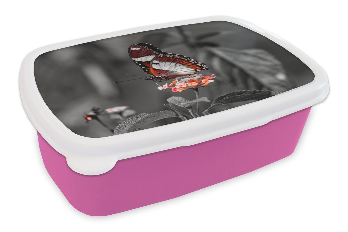 MuchoWow Lunchbox Schmetterling - Tiere - Blumen - Schwarz und weiß - Orange, Kunststoff, (2-tlg), Brotbox für Erwachsene, Brotdose Kinder, Snackbox, Mädchen, Kunststoff rosa