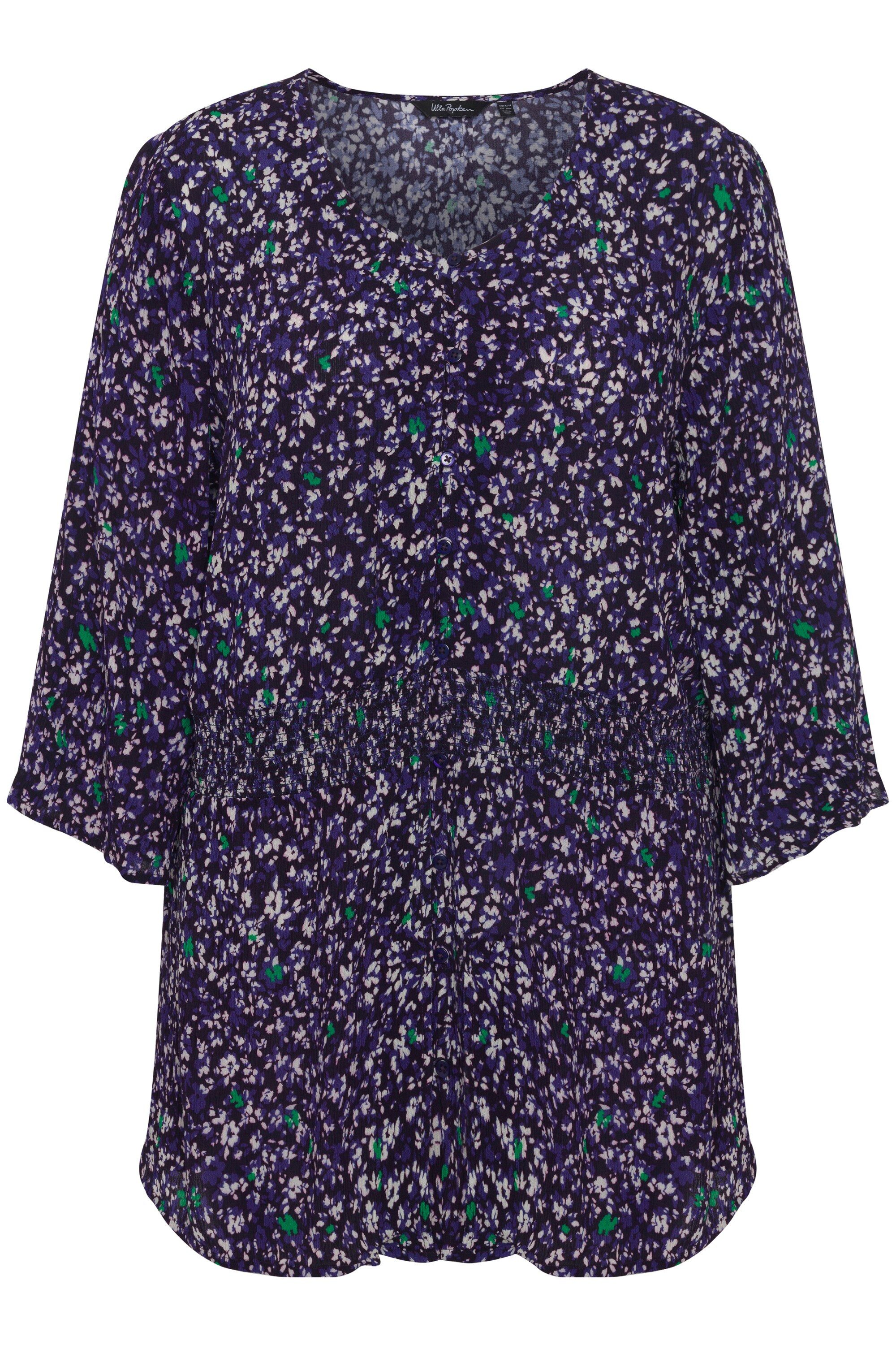 Ulla Popken Tunika Bluse Smokeinsatz V-Ausschnitt 3/4-Arm günstig online kaufen