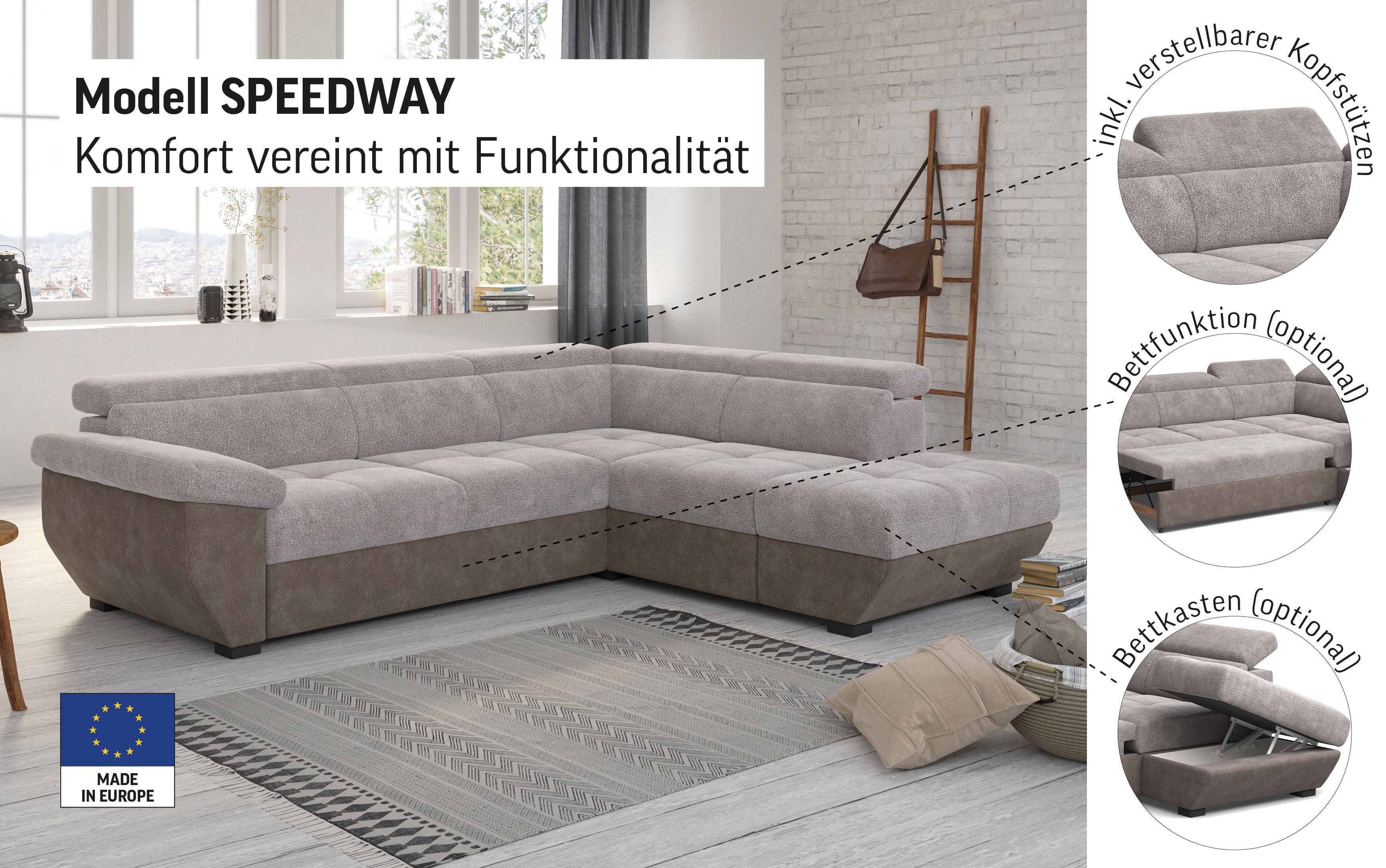 COTTA Ecksofa Speedway L-Form, mit Kopfteilverstellung, wahlweise mit Bettfunktion & Bettkasten