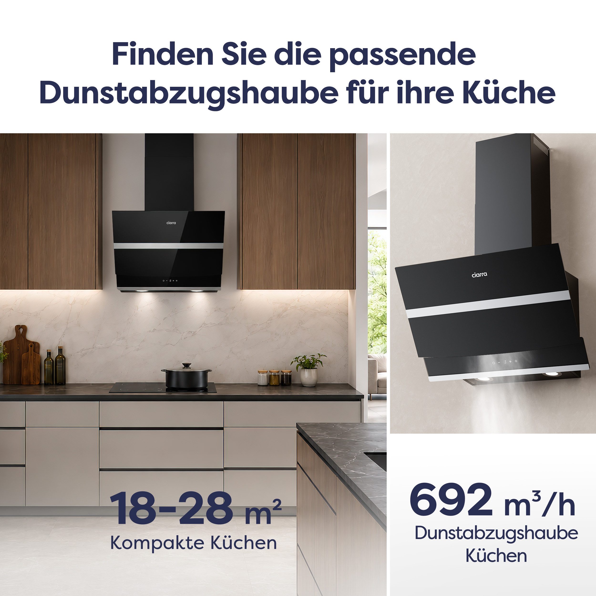 CIARRA Kopffreihaube 60 cm Dunstabzugshaube A+++ 692 m³/h starke Saugleistung CBCB6736N Serie 4 Stufen Inkl. BOOST 60 cm Dunstabzugshaube A+++ 692 m³/h starke Saugleistung CBCB6736N, Leise Schräghaube 5-Minuten-Nachlaufschaltung WIFI-APP Touch Control