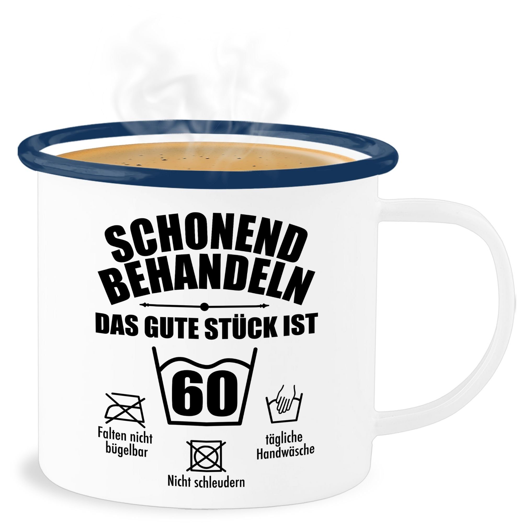 Shirtracer Becher Schonend behandeln das gute Stück ist sechzig, Stahlblech, 60. Geburtstag Tasse 3 Weiß Blau