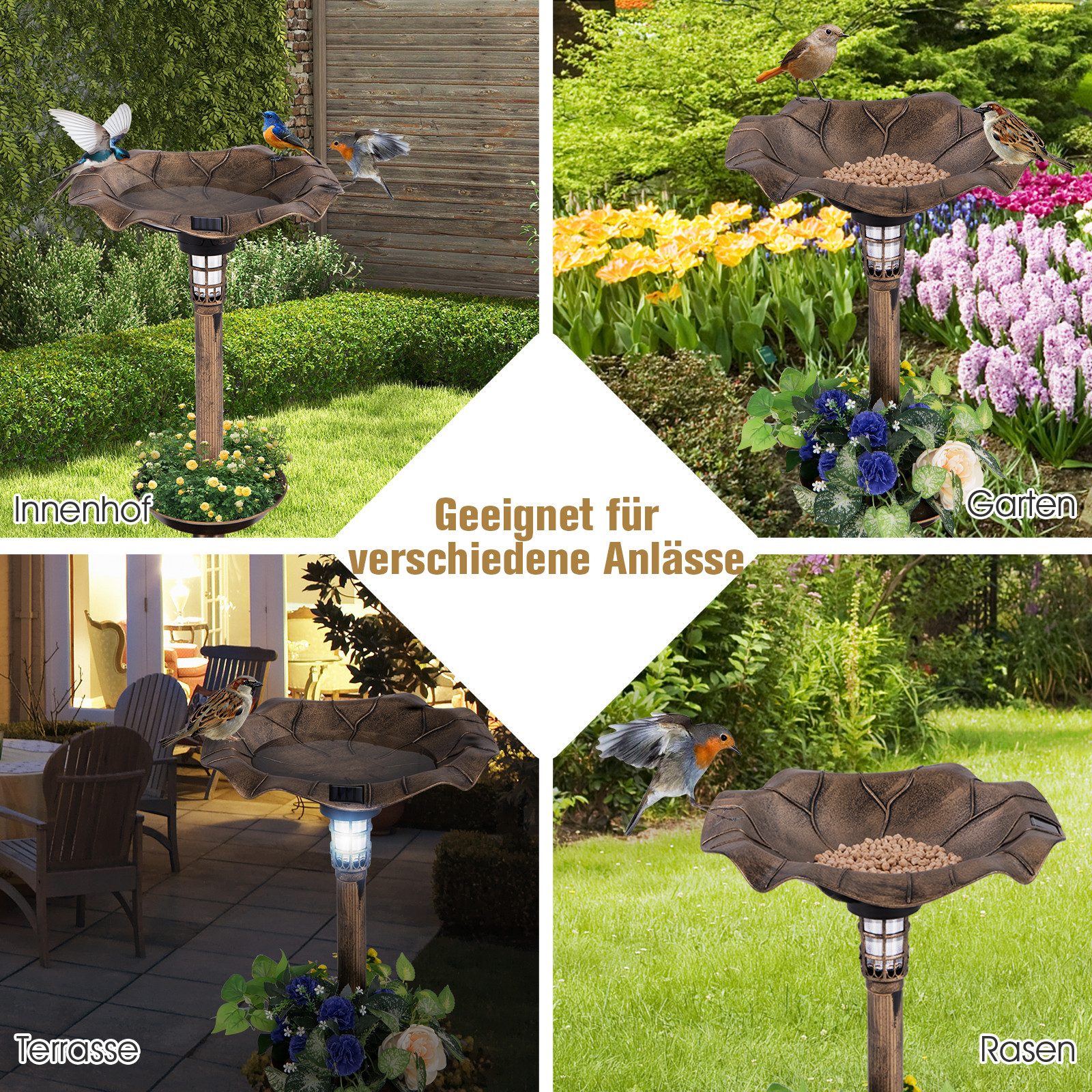 KOMFOTTEU Vogeltränke, Vogelbad Winterfest mit Solar Licht & Blumentopf