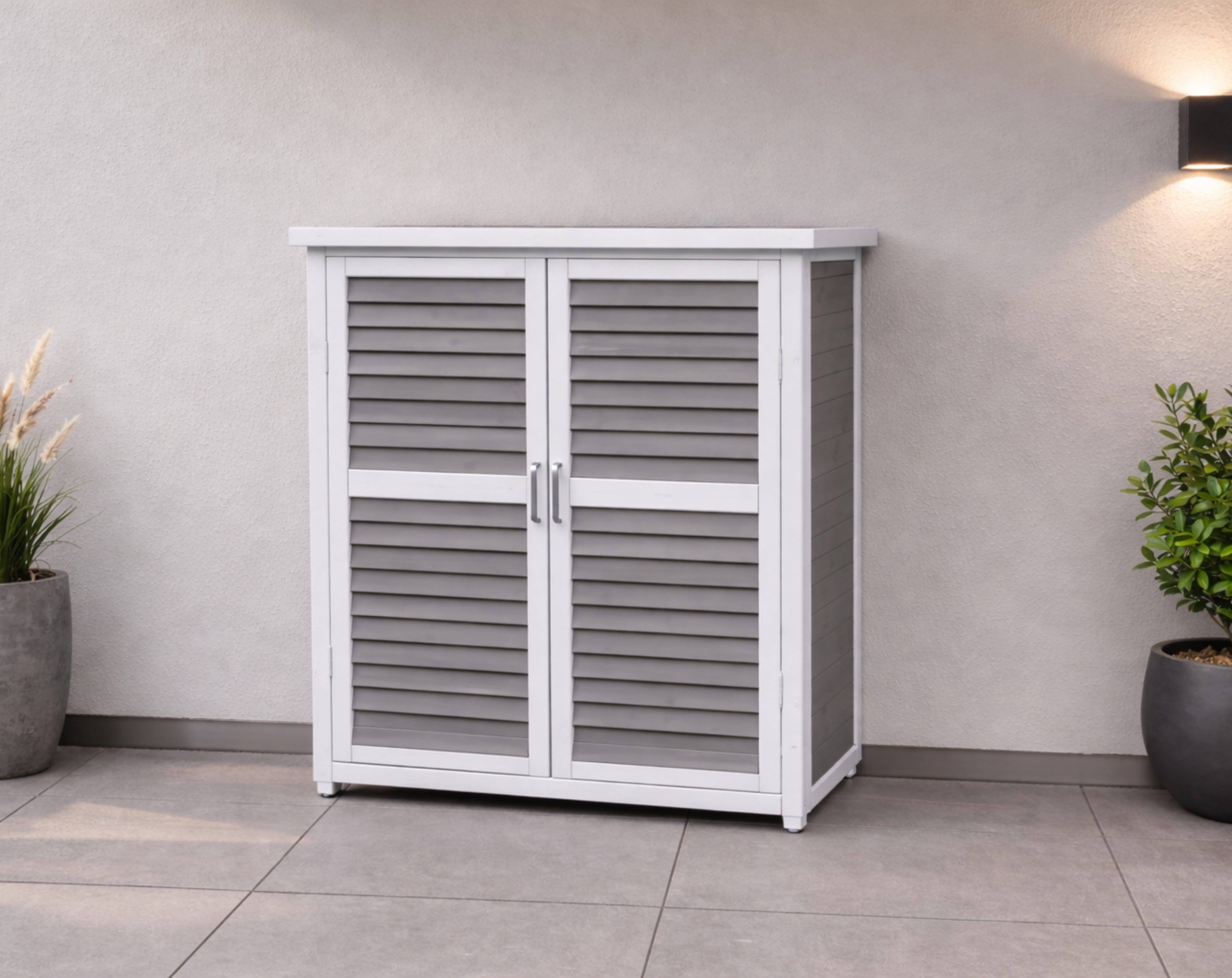 Leco Garten-Geräteschrank Gartenschrank MOMO H 95 cm grau-weiß, BxT: 87x47 cm, Holz, Tannenholz