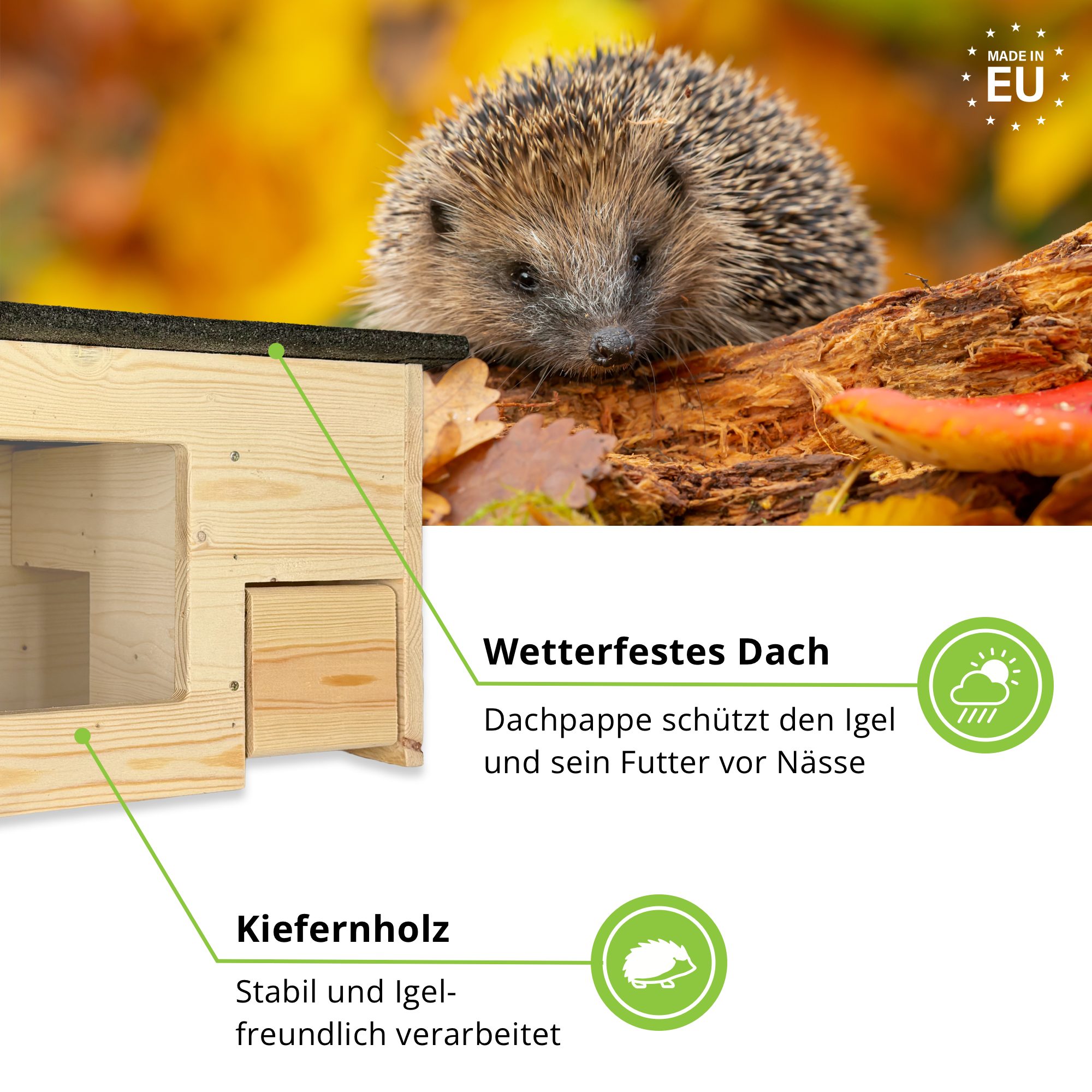 gartenetage Igelhaus Igelfutterhaus mit Beobachtungsfenster & Rattenklappen aus Holz, Sicheres Igelhaus für Garten mit Schleuse, Fluchtweg & Wetterschutz