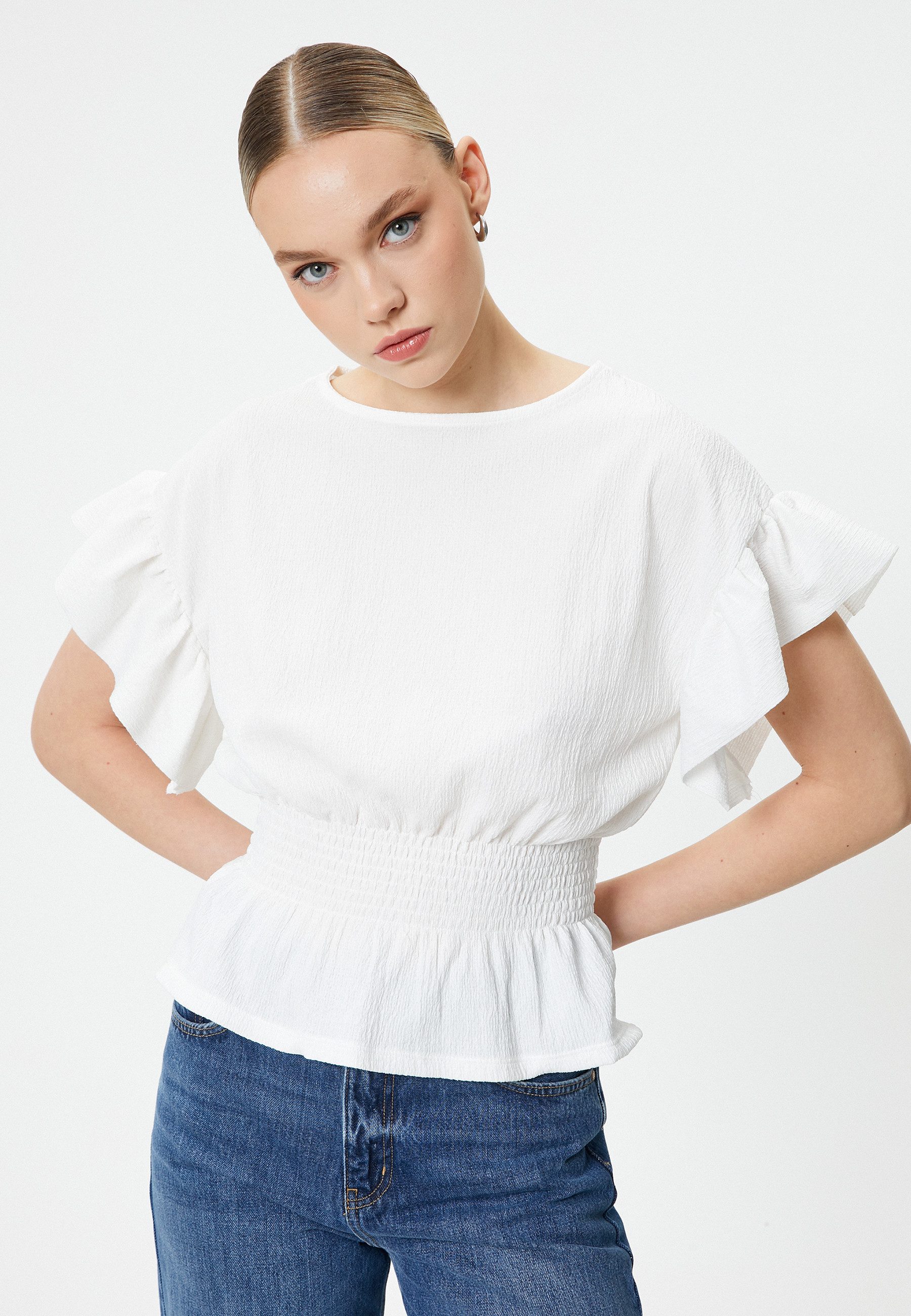 Koton Rüschenbluse Kurzärmelig Rundhalsausschnitt Rüschenbluse günstig online kaufen
