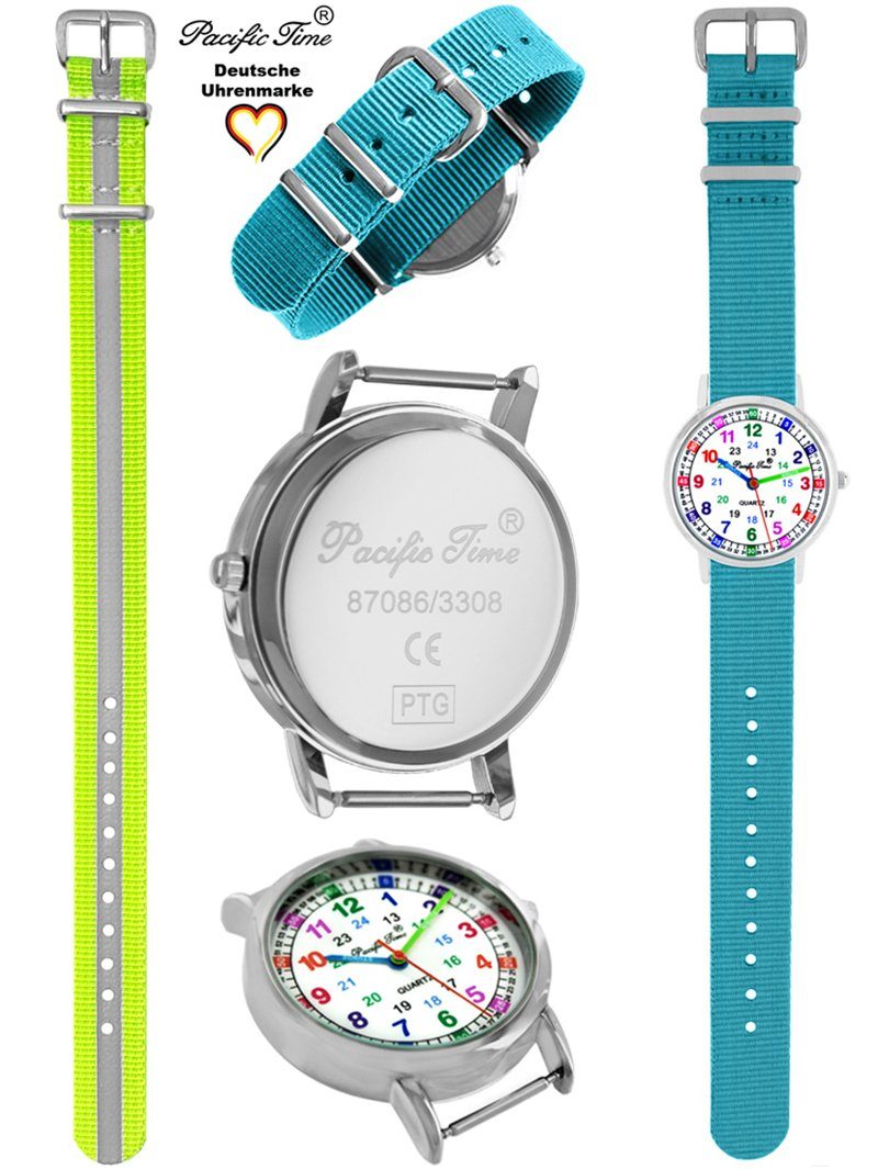 Pacific Time Quarzuhr Set Design Wechselarmband, Lernuhr und Versand Kinder gelb hellblau Gratis Armbanduhr Reflektor Mix - Match