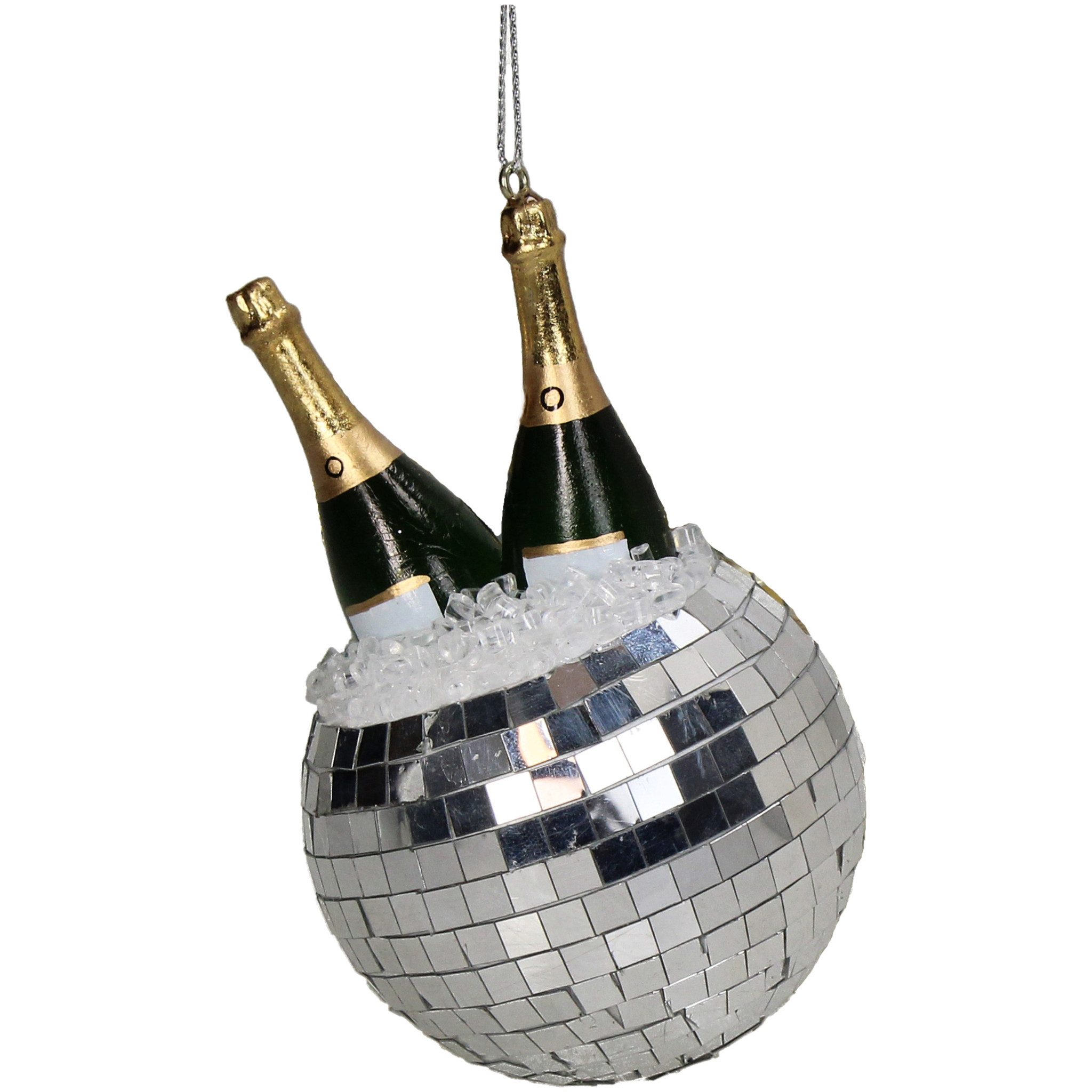 HD Collection Christbaumschmuck, Christbaumschmuck Glas 11cm Discokugel Sektflaschen Figur Silber