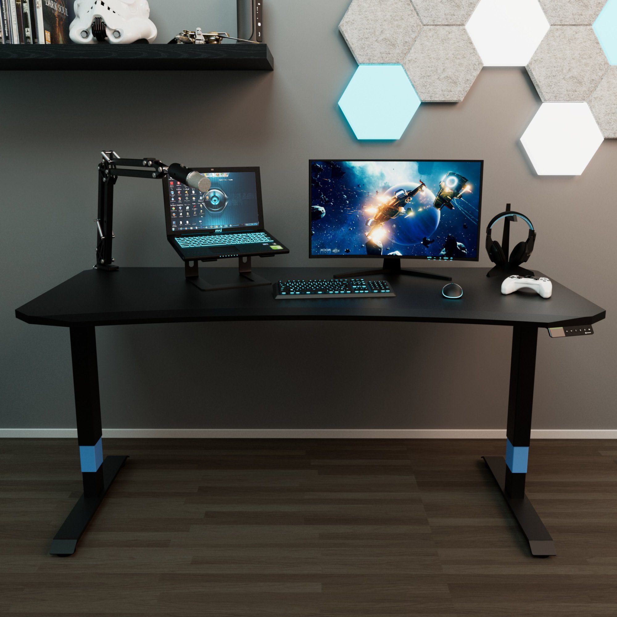 7 Desktopia ergonomisches Gamingtisch | GG Schwarz/Blau (Gaming Jahre Curved Elektrisch Gaming Tisch als Premium höhenverstellbarer Ergotopia Gaming Schreibtisch Garantie Setup), Midnight Black