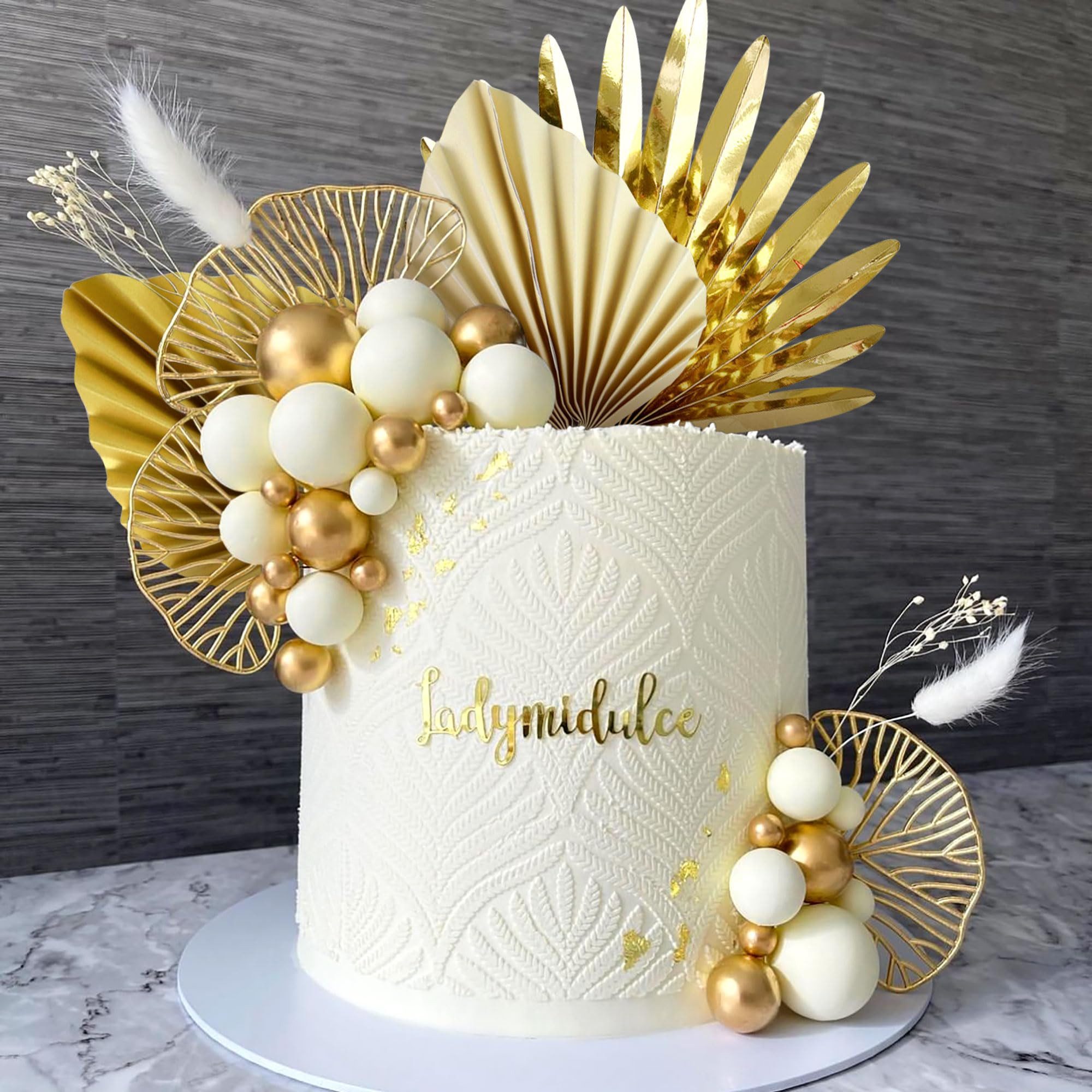 Bomiclss Tortenstecker Tortendekoration Boho Stil – Cake Topper Champagner Rosa & Weiß, Goldene Palmblätter, Party Deko für Hochzeit, Geburtstag & Feier – Bild 4 von 5
