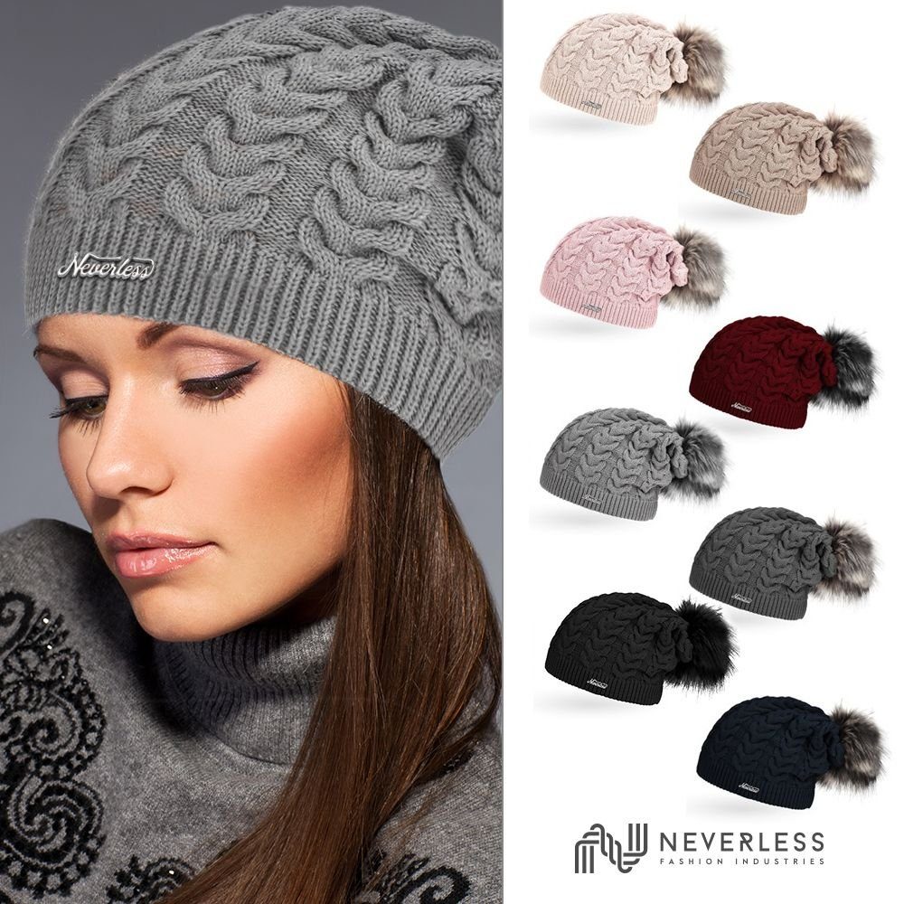Neverless Bommelmütze coole Damen Strickmütze Strick-Beanie gefüttert Fell-Bommel