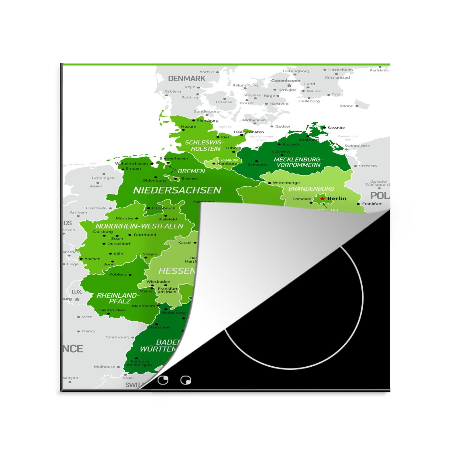 MuchoWow Herdblende-/Abdeckplatte Grüne Karte von Deutschland, Vinyl, (1 tlg), 78x78 cm, Ceranfeldabdeckung, Arbeitsplatte für küche