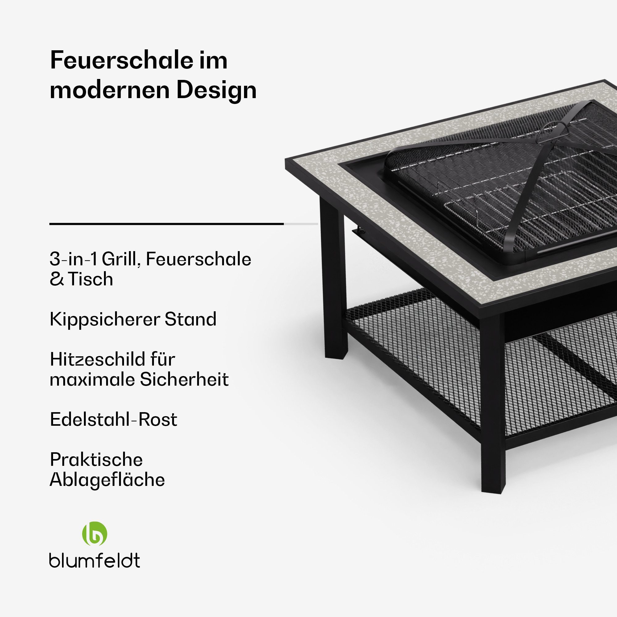 blumfeldt Feuerschale Merano Rectangular, (Set, Set), Garten Grill Tisch Funkenschutz Feuerkorb Feuerstelle Outdoor