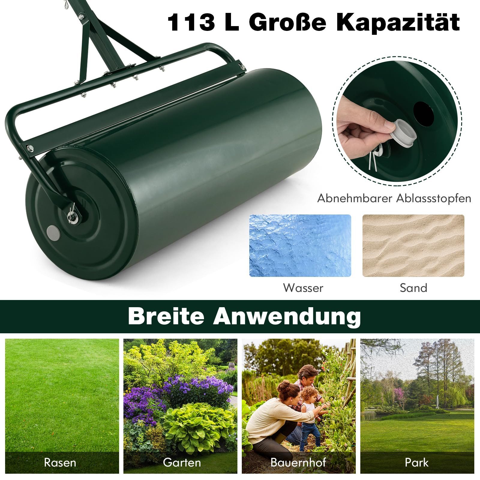 COSTWAY Rasenwalze, 90 cm, 1-tlg.,Handwalze mit Griff, befüllbar mit 113L Wasser/Sand