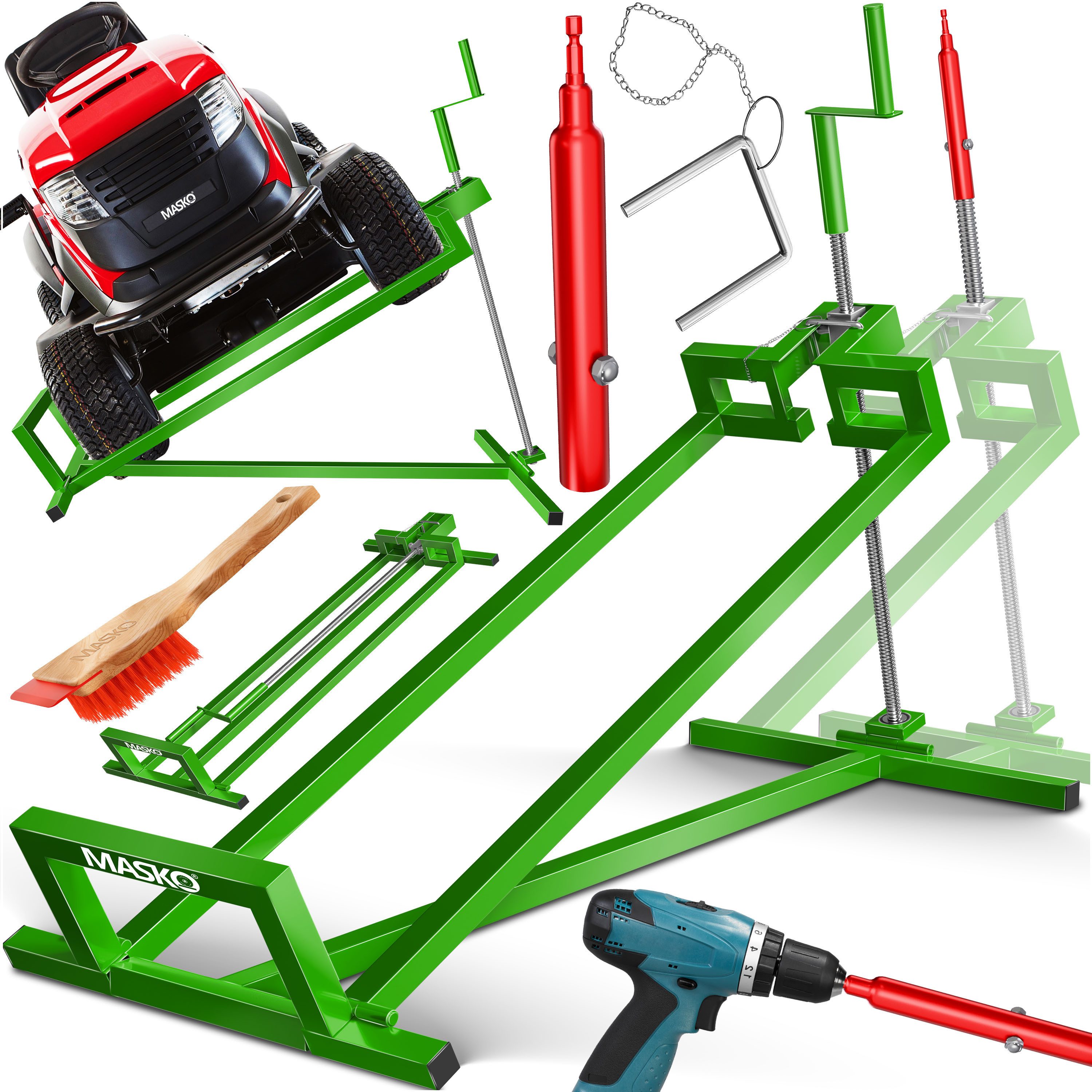 MASKO Rasentraktor Heber 450kg Hebevorrichtung für Aufsitzmäher mit Adapter inkl. Bürste, Rasentraktorheber, universelle Reinigungshilfe, Hebebühne für Quad