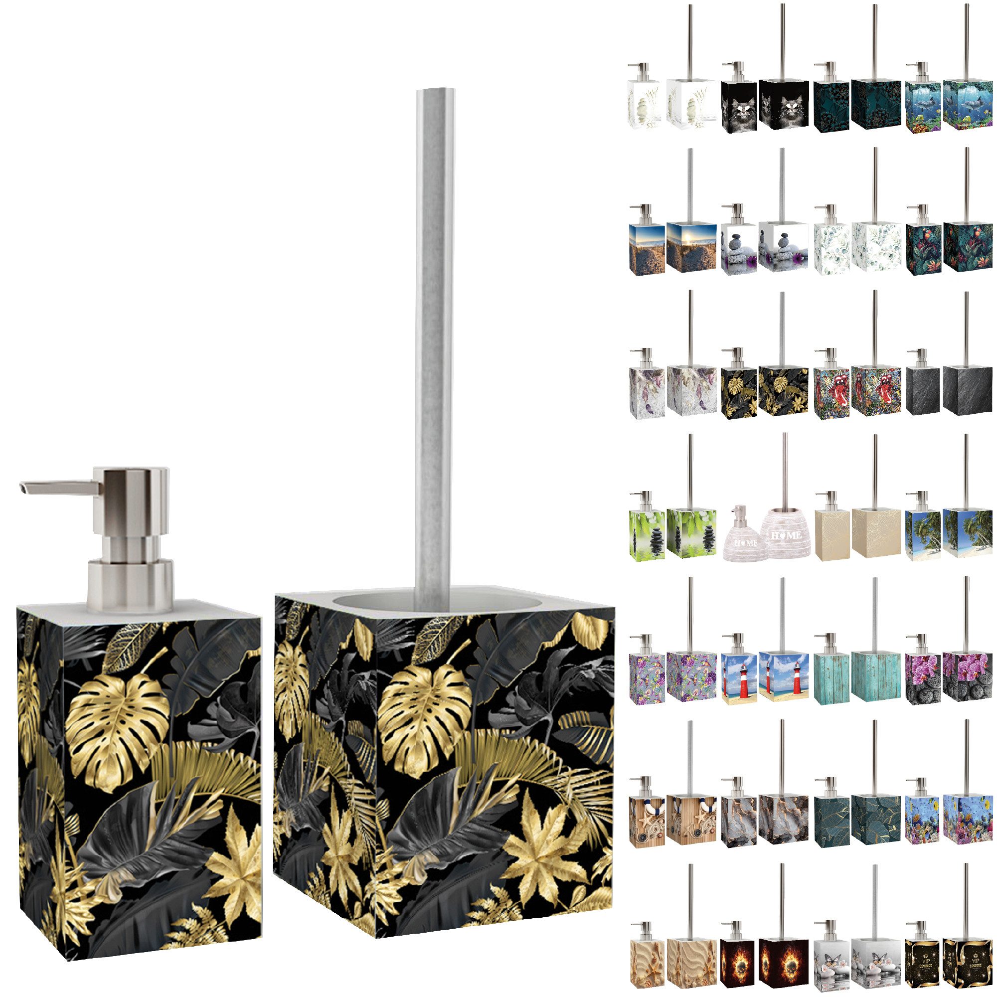 Sanilo Badaccessoire-Set mit Motiv, viele schöne Seifenspender und WC Bürsten zur Auswahl, Klobürste mit auswechselbaren Bürstenkopf, 2 tlg., 2-tlg., Desinfektionsspender mit stabiler Pumpe, hochwertig & modern