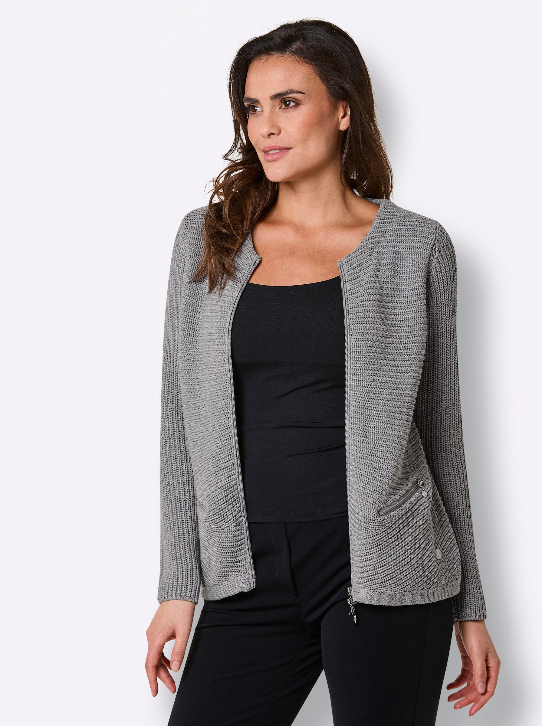 creation L Strickjacke Lyocell-Baumwoll-Strickjacke Langarm Rippoptik