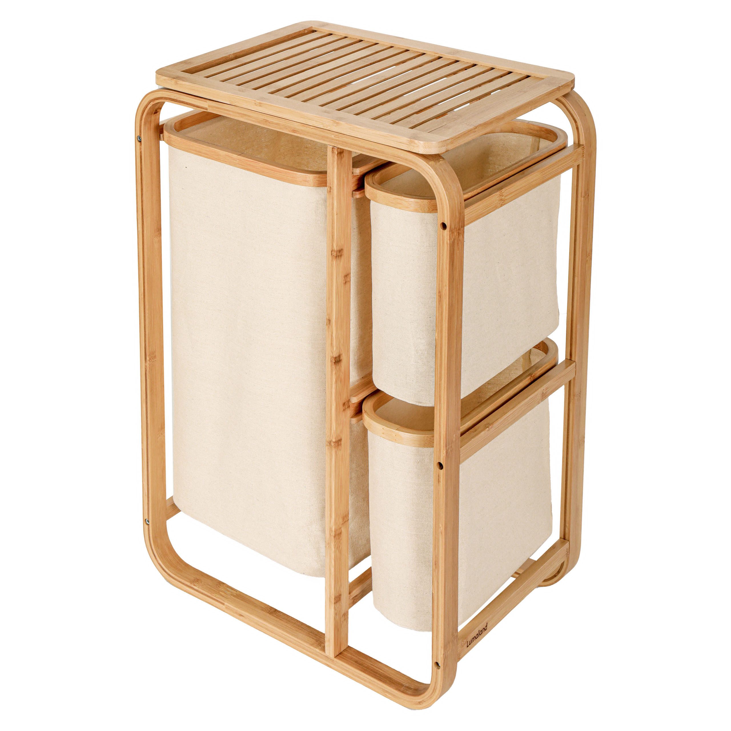 Lumaland Ausziehwäschekorb aus Bambus - 1 XL Fach + 2 Kompaktfächer (Set, Aufbewahrungsboxen), mit 3 Wäschesäcken aus Stoff - ca. 49,5 x 33 x 71 cm (L x B x H)