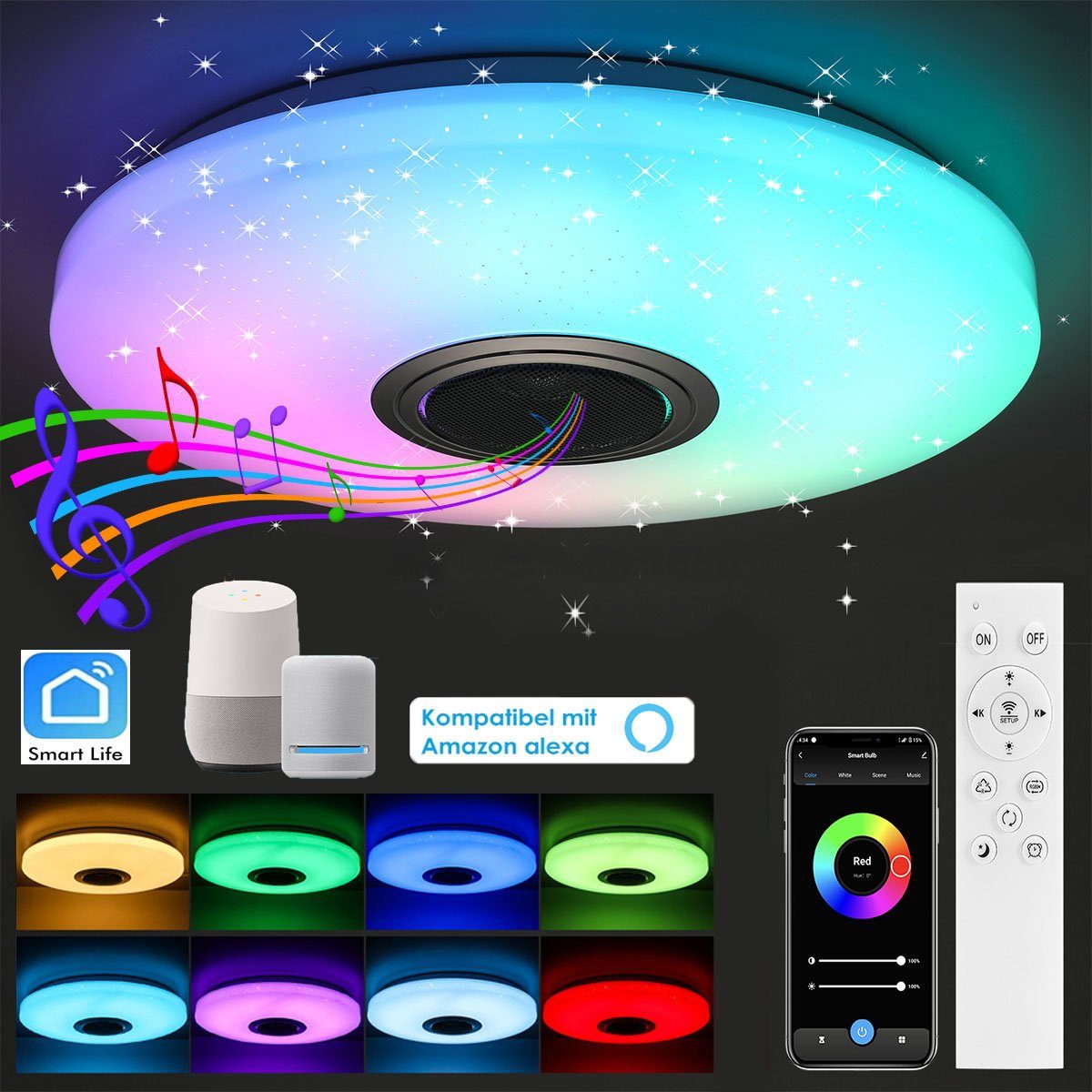 LETGOSPT Deckenleuchte 24W RGB Deckenlampe mit WIFI Dimmbar, mit Lautsprecher, LED fest integriert, Kaltweiß/Naturweiß/Warmweiß + RGB, für Amazon Alexa und Google assistant