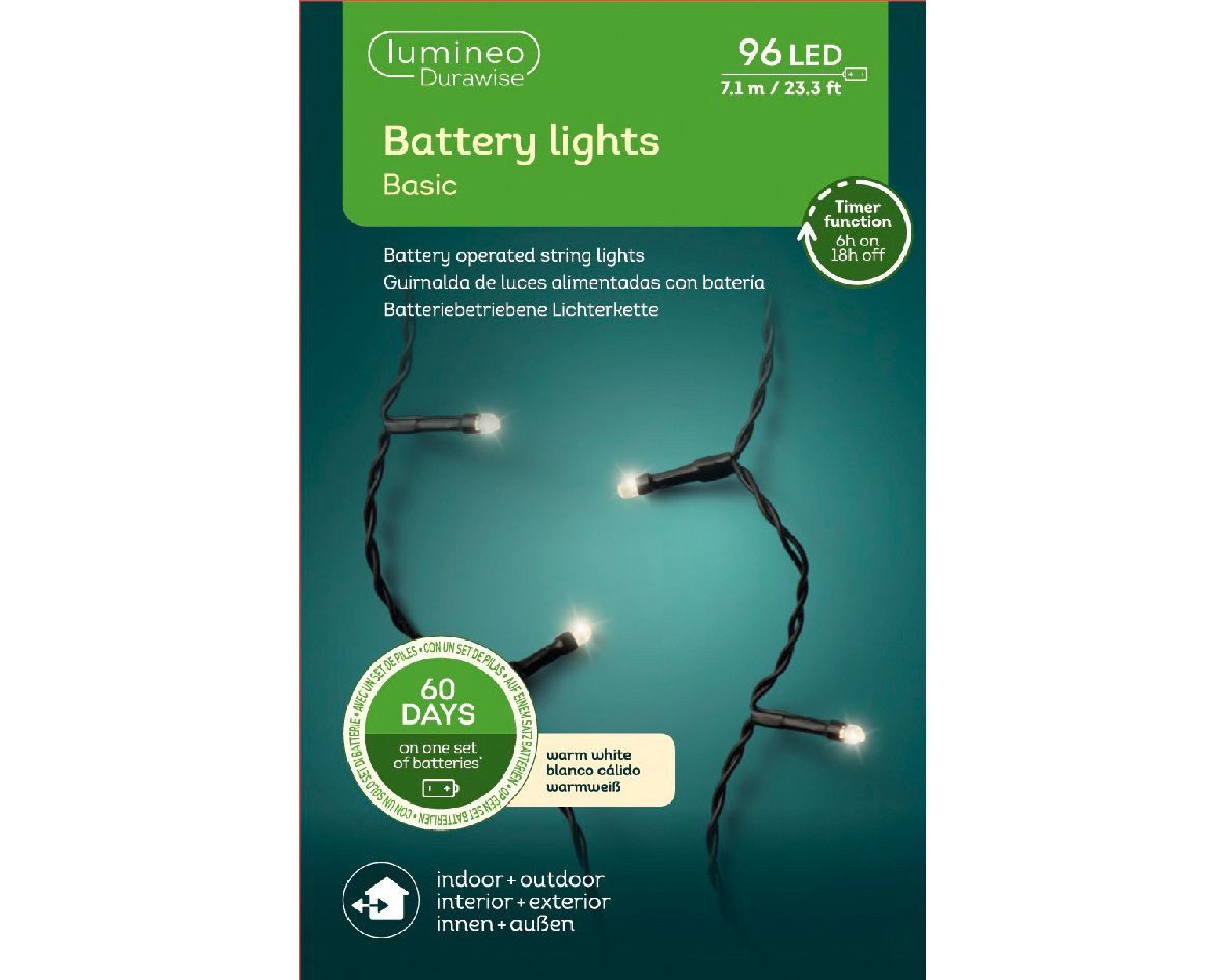 Lumineo LED-Lichterkette Lumineo Lichterkette BATTERY LIGHTS 96 LED 7,1m warm weiß, AA-Batterie, Indoor, Outdoor, Timer, Batteriebetrieben, 3x AA