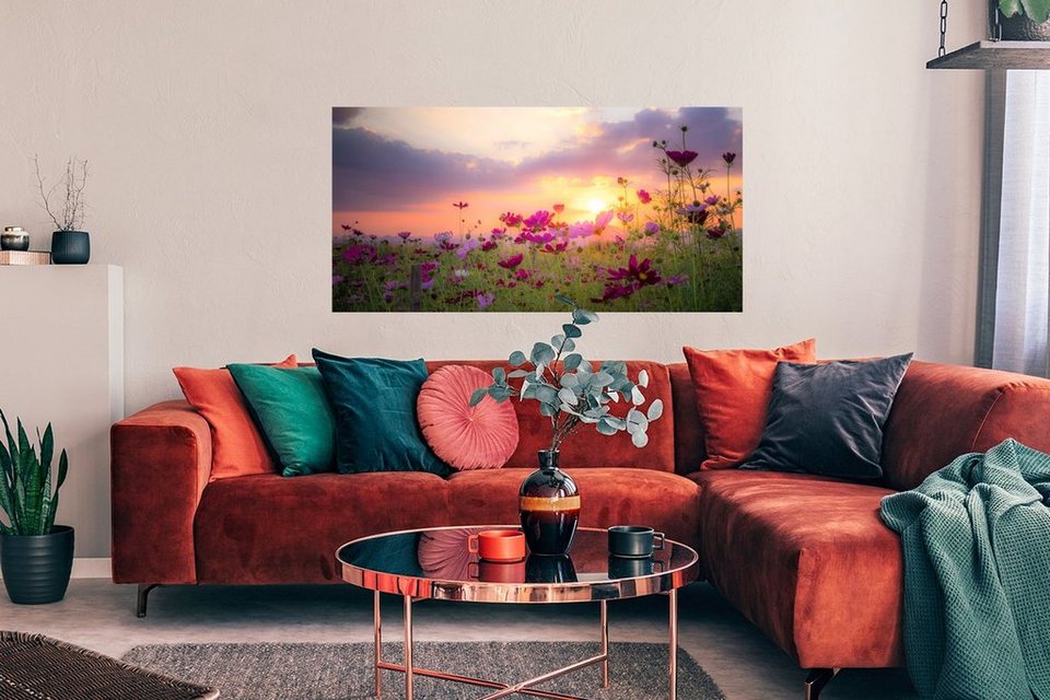 MuchoWow Poster Sonnenuntergang - Blumen - Rosa - Natur - Grün, (1 St),  Bild für Wohnzimmer, Schlafzimmer, Wandposter, Ohne Rahmen, Wanddeko