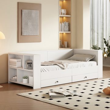MODFU Kinderbett Einzeln, mit zwei Schubladen, Armlehnen mit Ablagefächern (Tagesbett Holzbett 90*200 cm), ohne Matratze