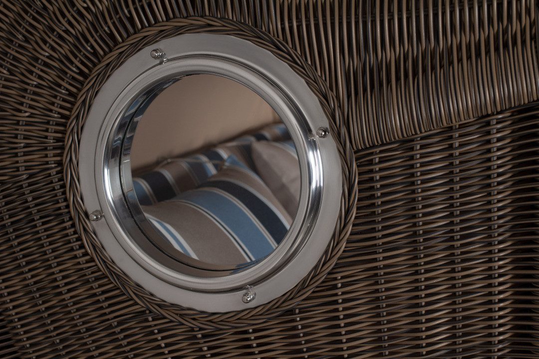 MR.DEKO Strandkorb 2-Sitzer Düne Bullauge Vollholz PE-Geflecht grau 125x170x80, BxTxH: 125x80x170 cm, Ostsee, Ostsee-Strandkorb, (Fertig montierter Strandkorb für Garten, Terrasse & Balkon), Wetterfester Volllieger mit Edelstahlbeschlägen & waschbaren Polstern