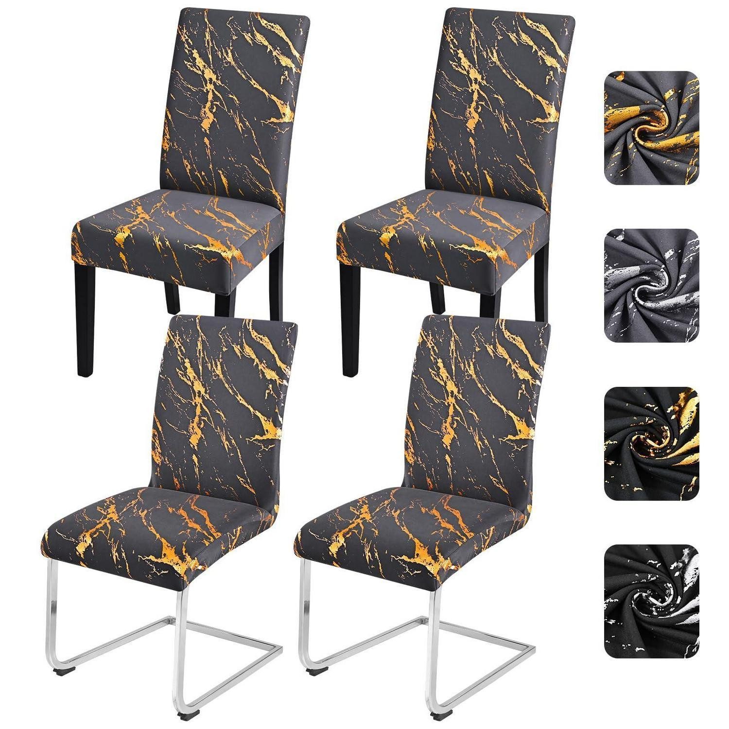 LuxusKollektion Stuhlbezug Stuhlhussen Stretch Stuhlbezug Waschbar Dunkelgrau mit Gold 4er Set