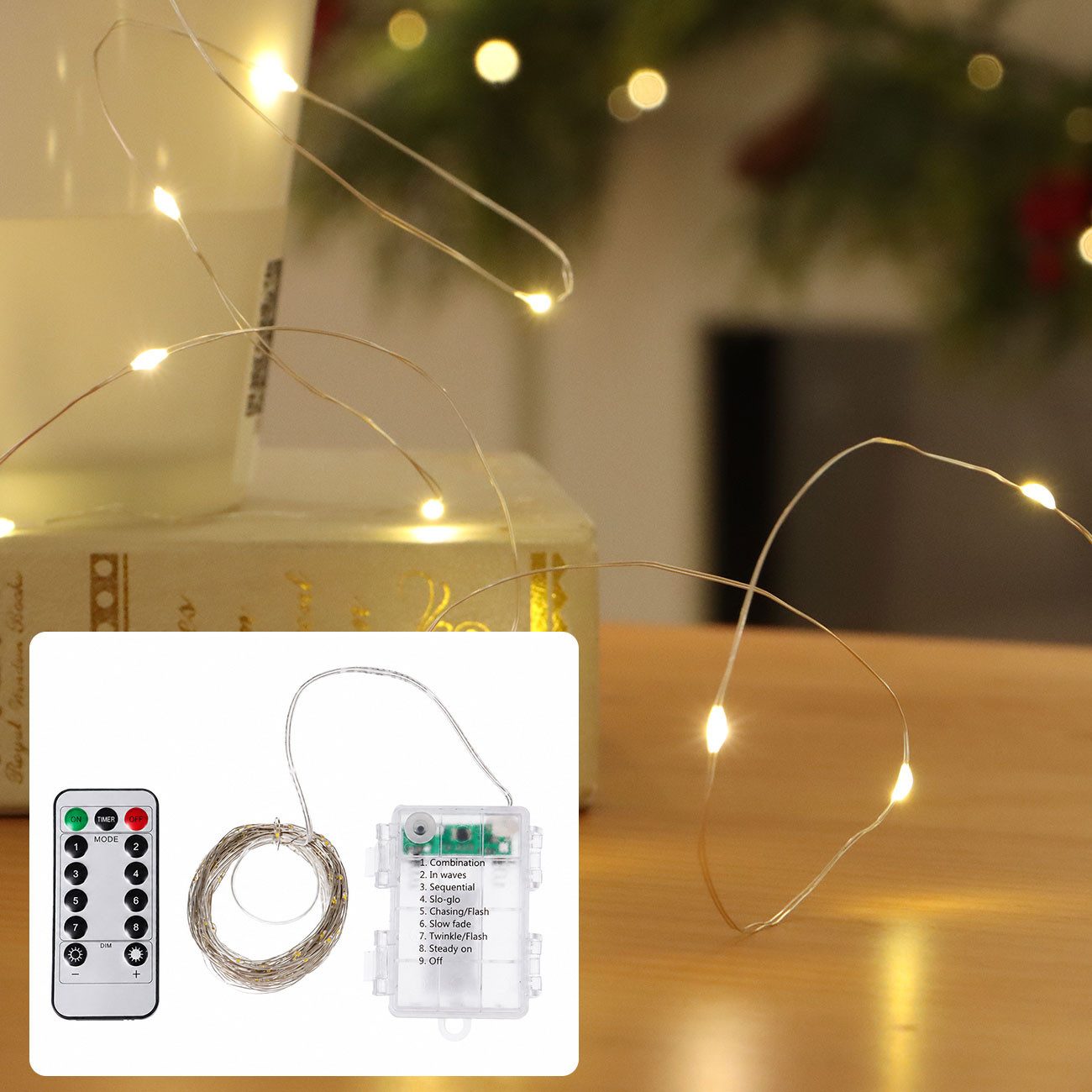 shop'n smile ideoon LED-Lichterkette LED Micro Draht Lichterkette 10m 100 LEDs Warmweiß Timer Fernbedienung, 10m Micro-Drahtlichterkette, 8 Leuchtmodi, Infrarot