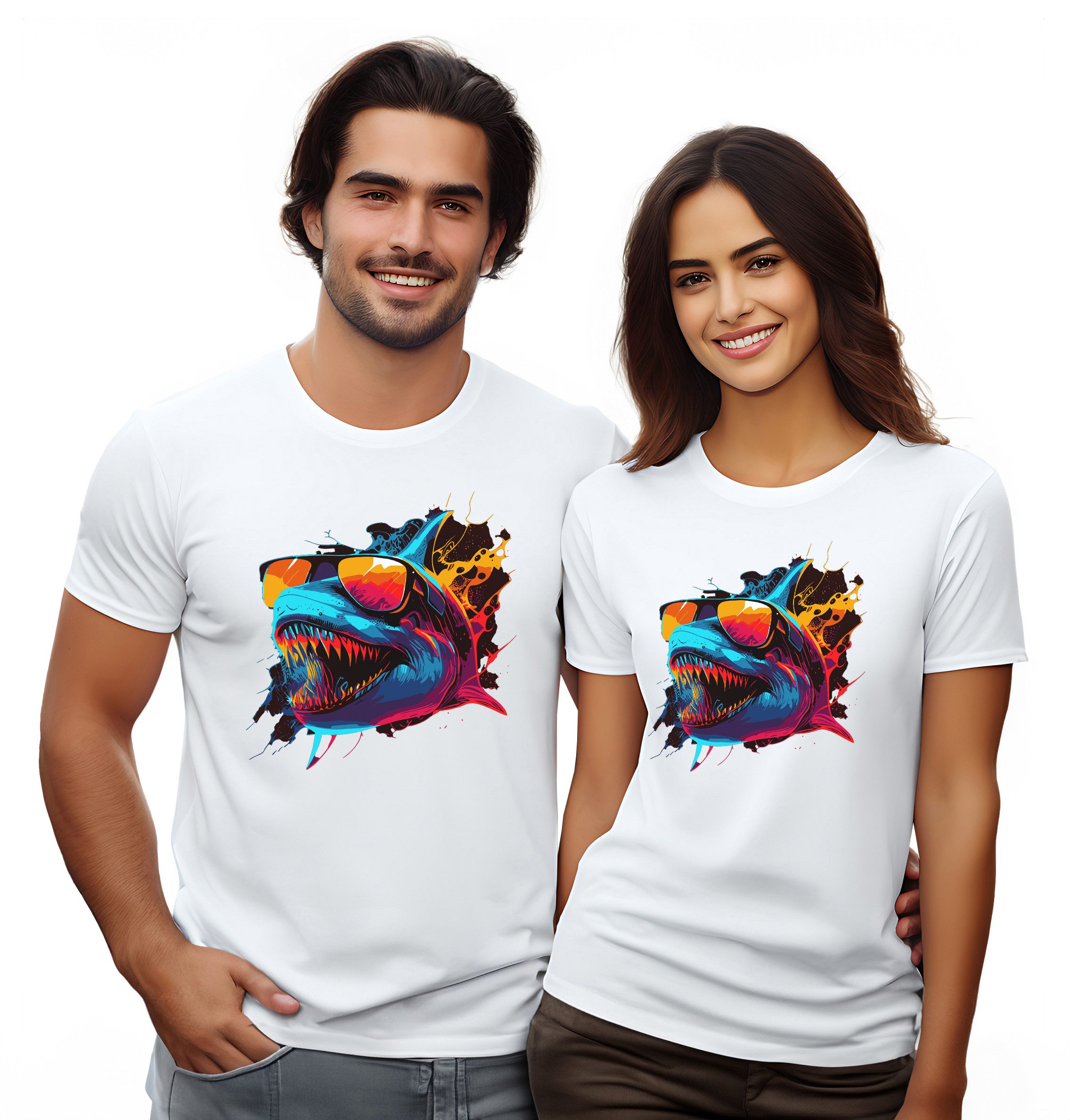 MyDesign24 T-Shirt mit coolem Streetstyle Hai Cooles Print Shirt Regular Fit i637