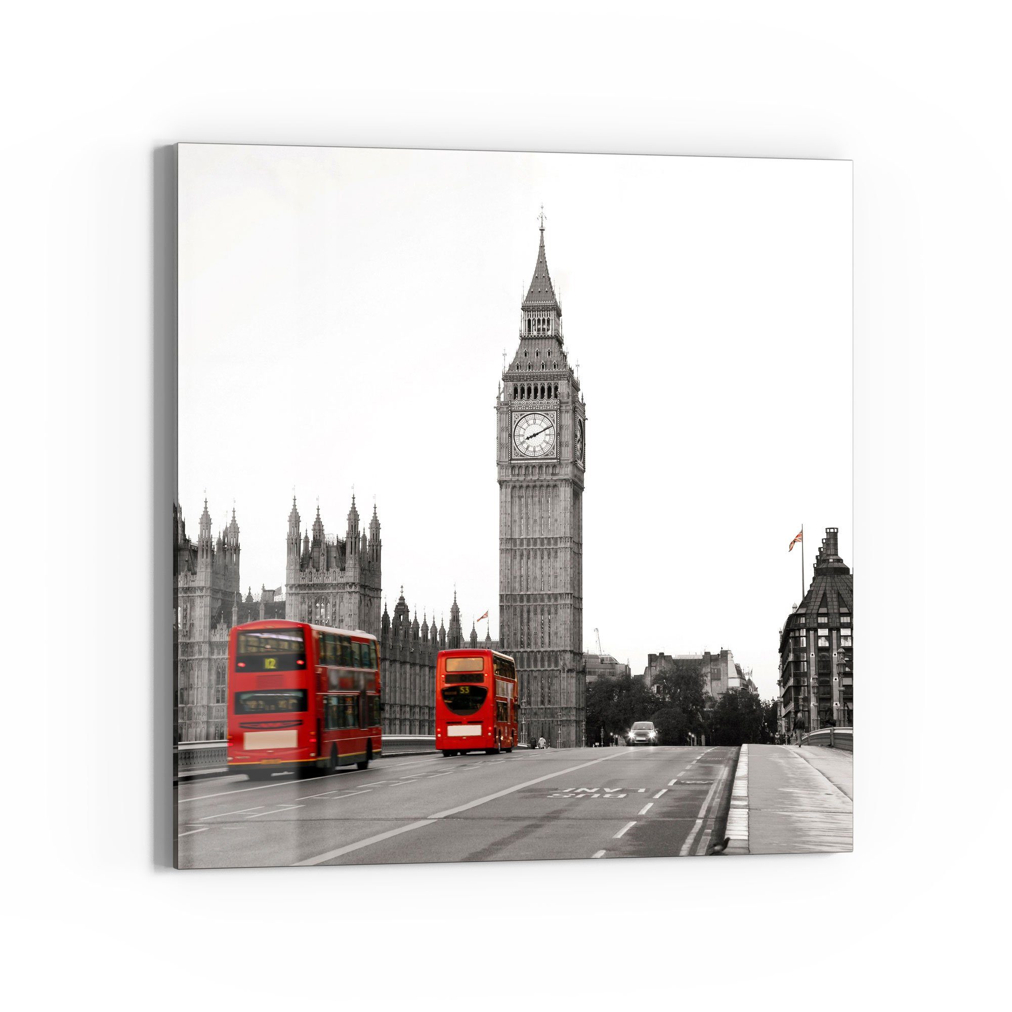 DEQORI Glasbild 'Rote Busse vor Big Ben', 'Rote Busse vor Big Ben', Glas Wandbild Bild schwebend modern