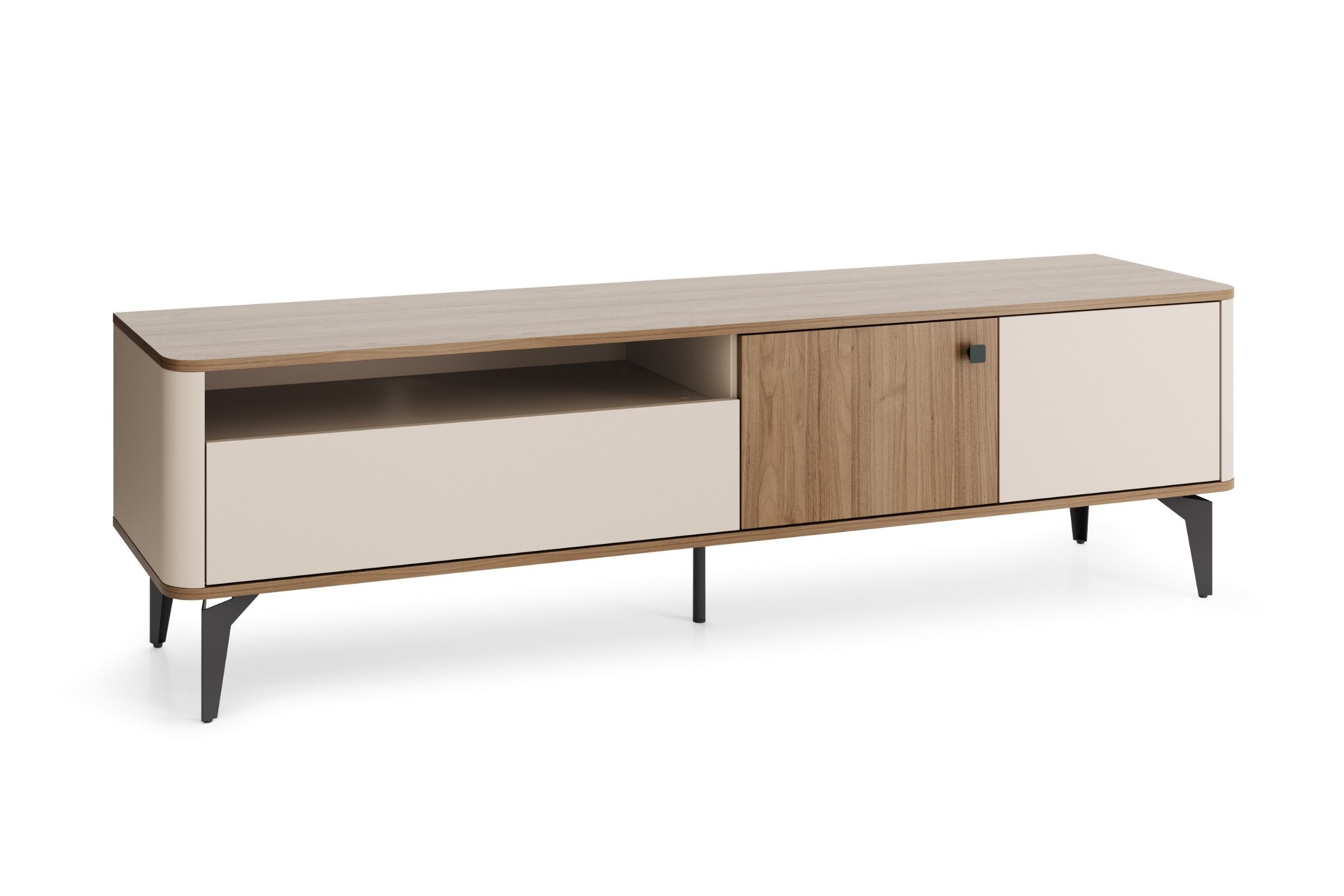 Deine Möbel 24 TV-Board AURO 06 TV-Lowboard mit 2 Türen, 1 Schublade & offenem Gerätefach (180 cm breit, 1 St., AURO - Kollektion), Soft-Close & Push-to-Open, Metallfüße, Kaschmir/Royal Nussbaum