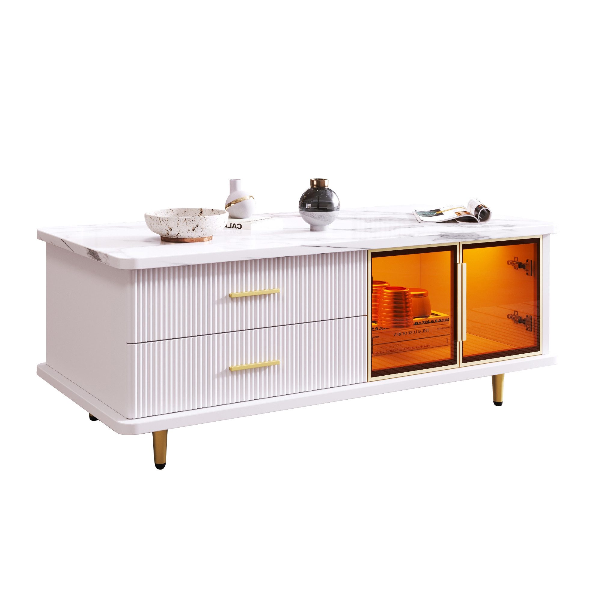 Merax Couchtisch Marmoroptik mit LED-Beleuchtung, TV-Schrank mit Glastüren und Schubladen, TV-Board mit Metallfüße