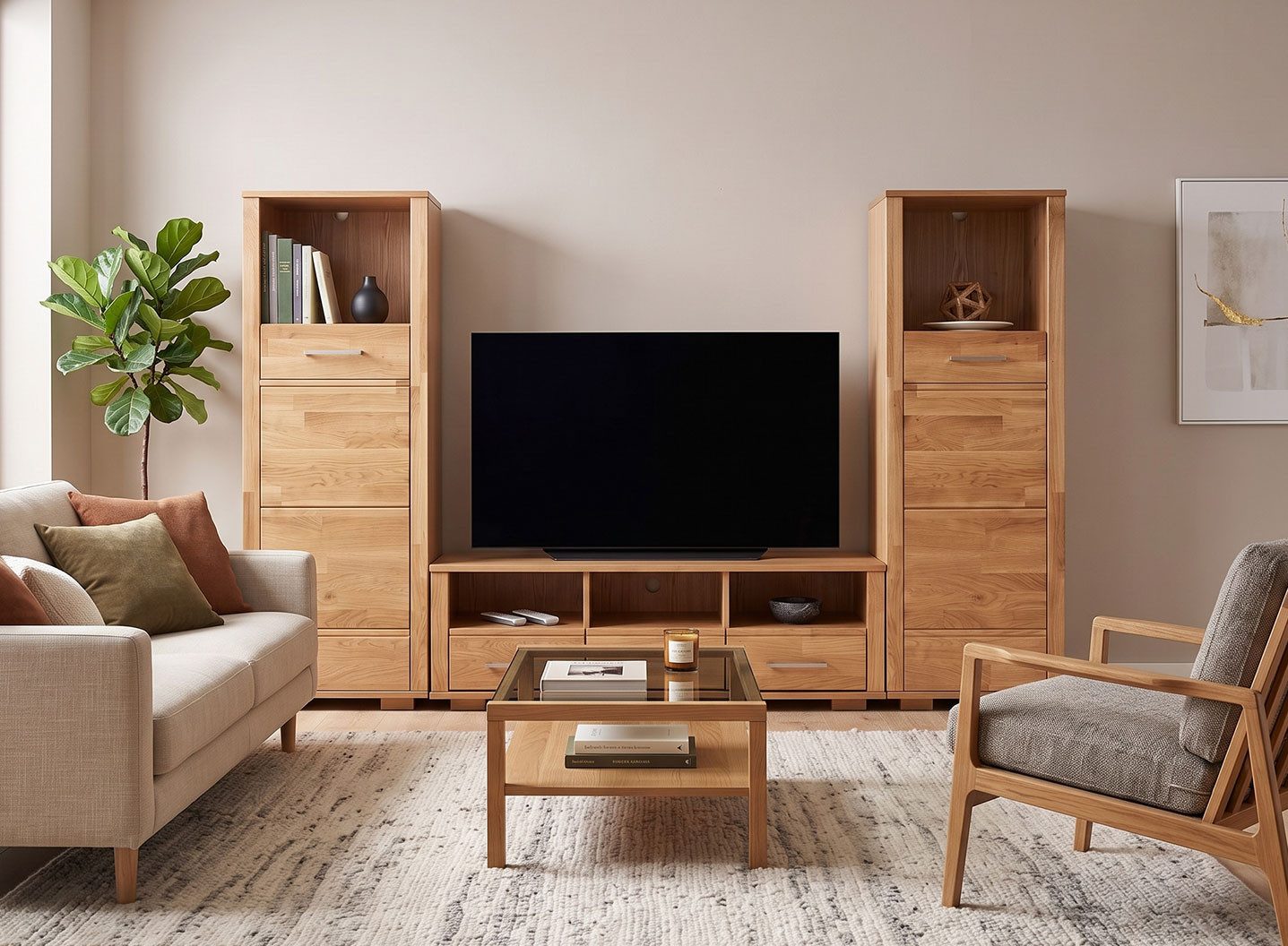Feldmann-Wohnen Wohnwand Sandra, (1 Lowboard, 2 Stauraumschränke, 3-St., moderne Optik, 3-teilig, Front aus Massivholz), 3-teilig Eiche Natur Teilmassiv