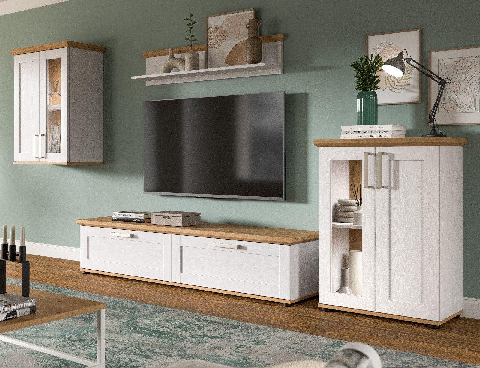 Inn.Furn Wohnwand Mirano, (in weiß Lärche Landhaus und Eiche Artisan, Set 4-teilig, 316 x 171 cm), mit viel Stauraum und verschiedenen Stellmöglichkeiten