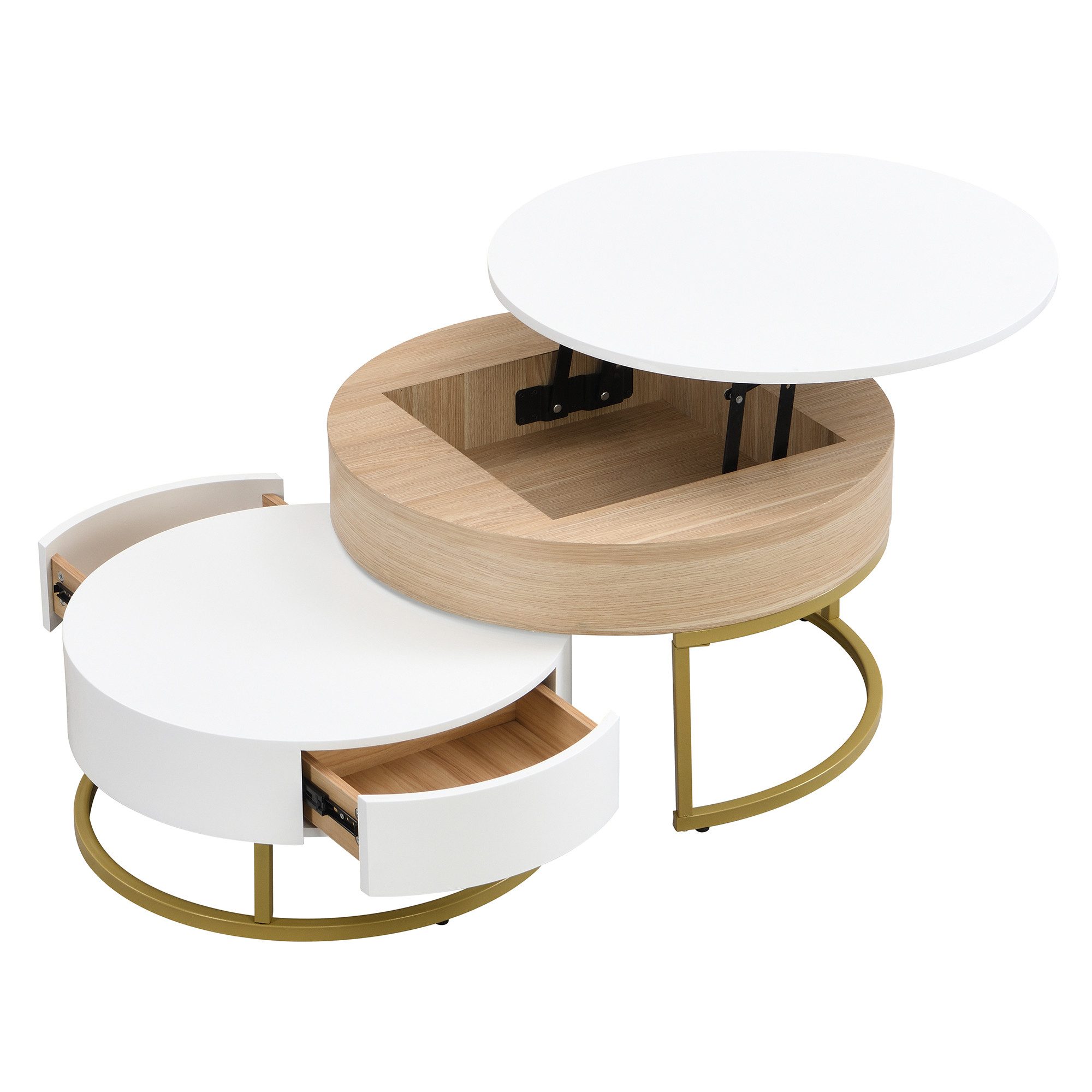 HAUSS SPOLE Couchtisch 2er-Set hochklappbare Couchtisch mit zwei Schubladen Weiß und natur (2-St., 2 Schubladen), mit goldenen Metallrahmen, ausziehbarer Tischplatte