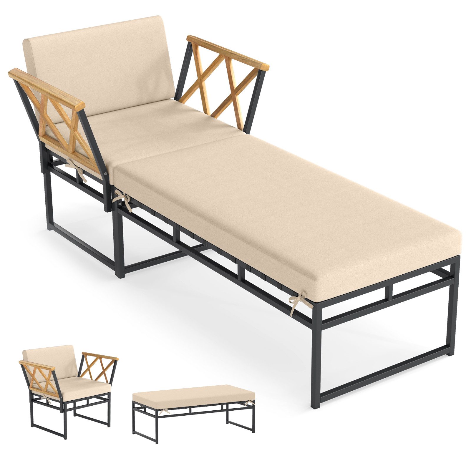 COSTWAY Gartenliege, Sonnenliege 2in1 Design mit Kissen Akazienholz Liegestuhl