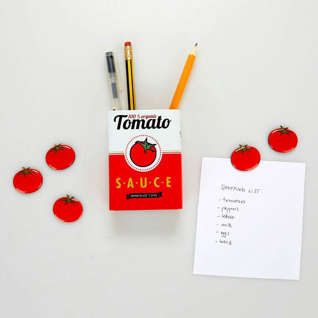 Balvi Organizer Magnet Stiftehalter Tomato Pop Art Box Köcher Stifte Retro Kühlschrank, plus 5 Kühlschrank Magnete in sweeter Tomaten Form