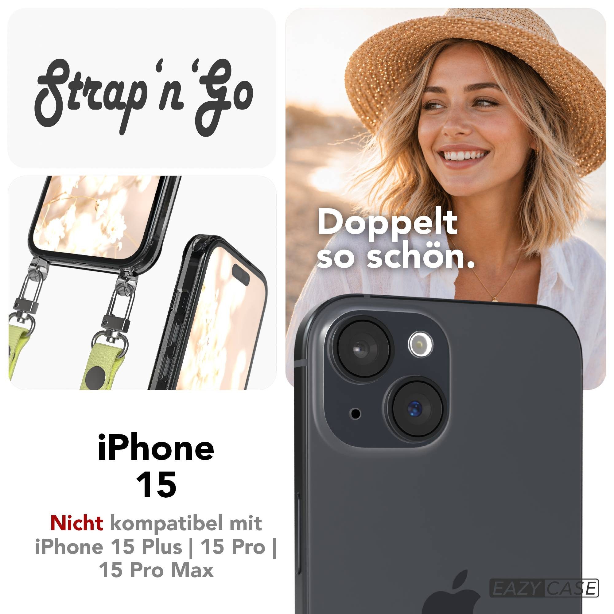 EAZY CASE Handykette für Apple iPhone 15 Handyhülle mit Handyband magnetisch, Handyband in Gelb mit Magnetverschluss und 2x2 Connectoren