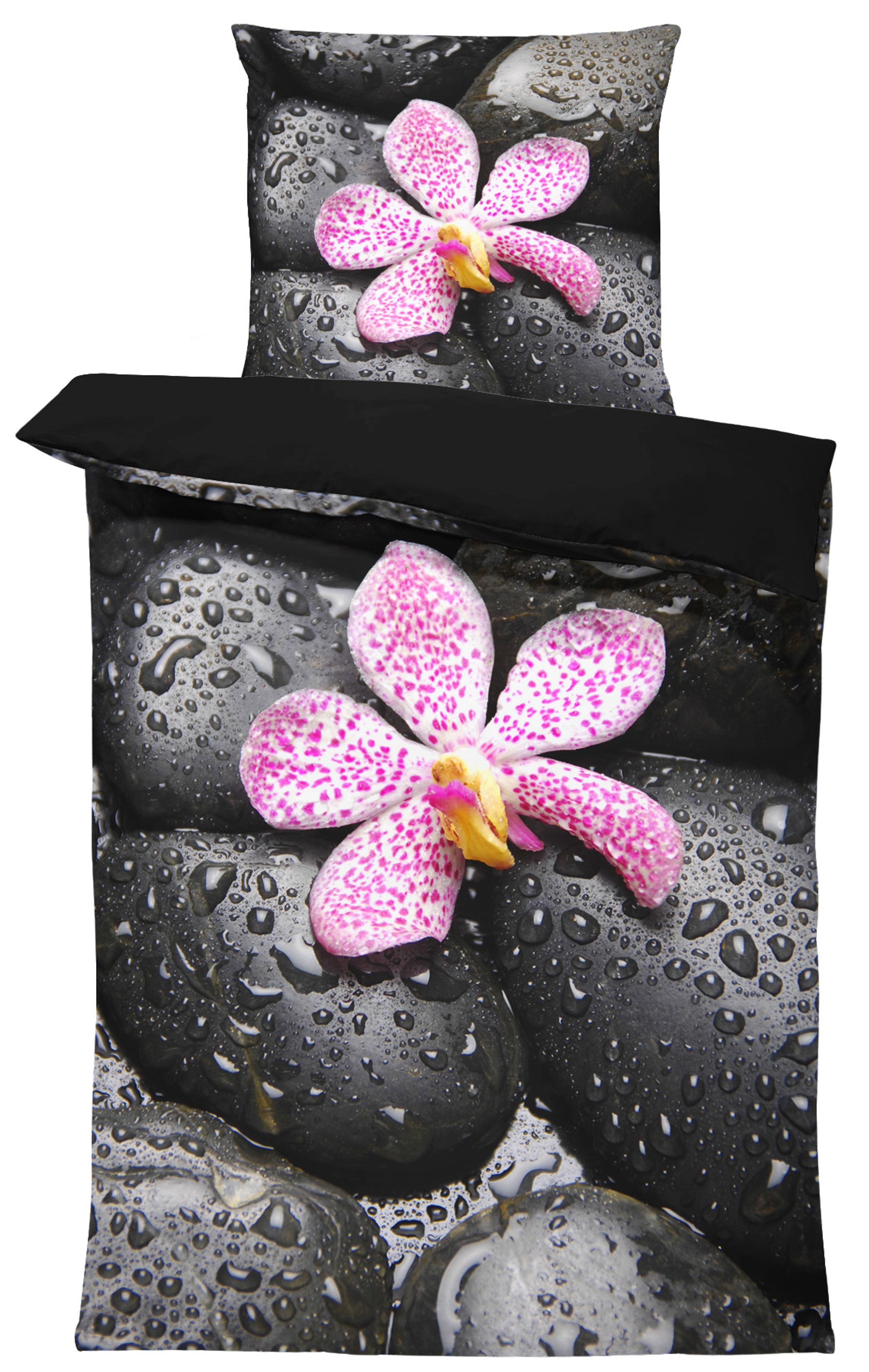 One Home Bettwäsche Fotodruck, Mikrofaser, 2 teilig, Steine Orchideen Zen Relax, Knitterfrei Weich für Sommer und Winter